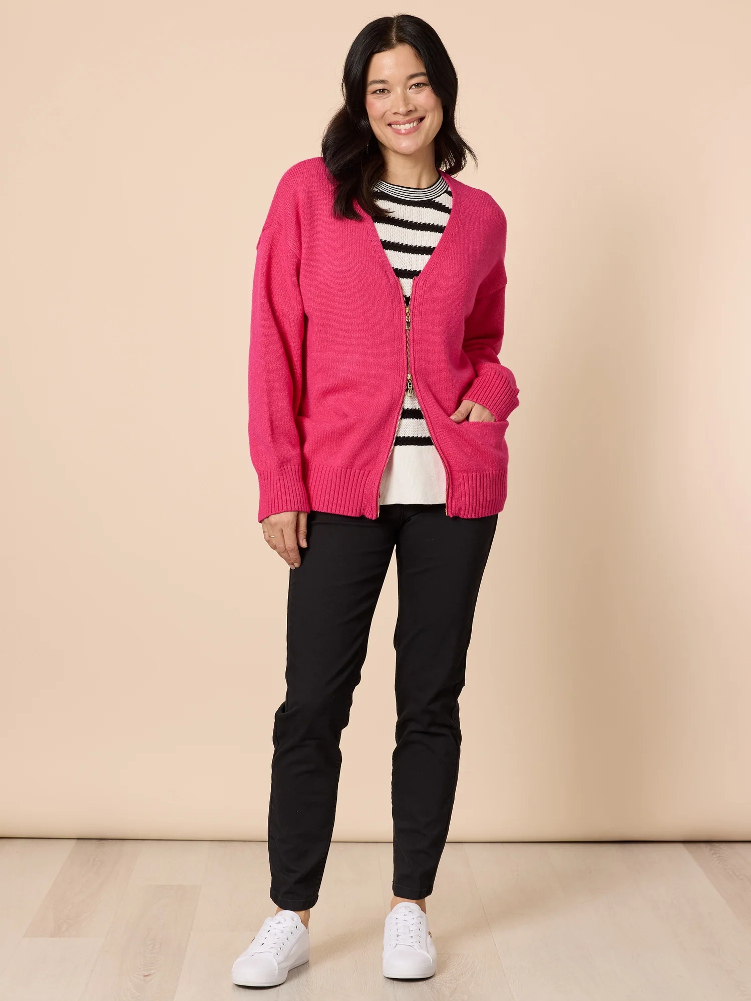 Manhattan Zip Knit Cardigan - Hot Pink - Image 2