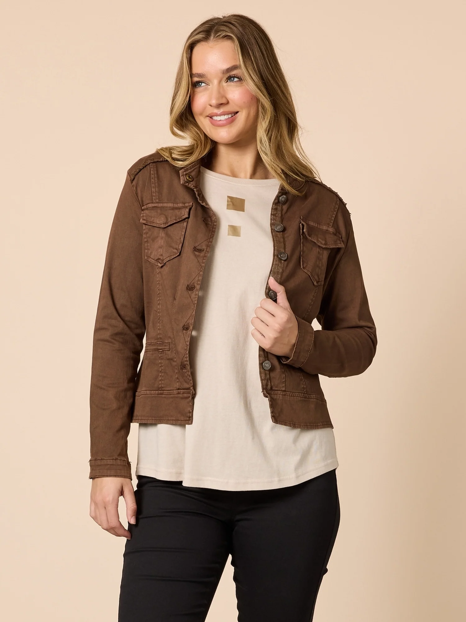 Military Style Denim Jacket - Chocolate