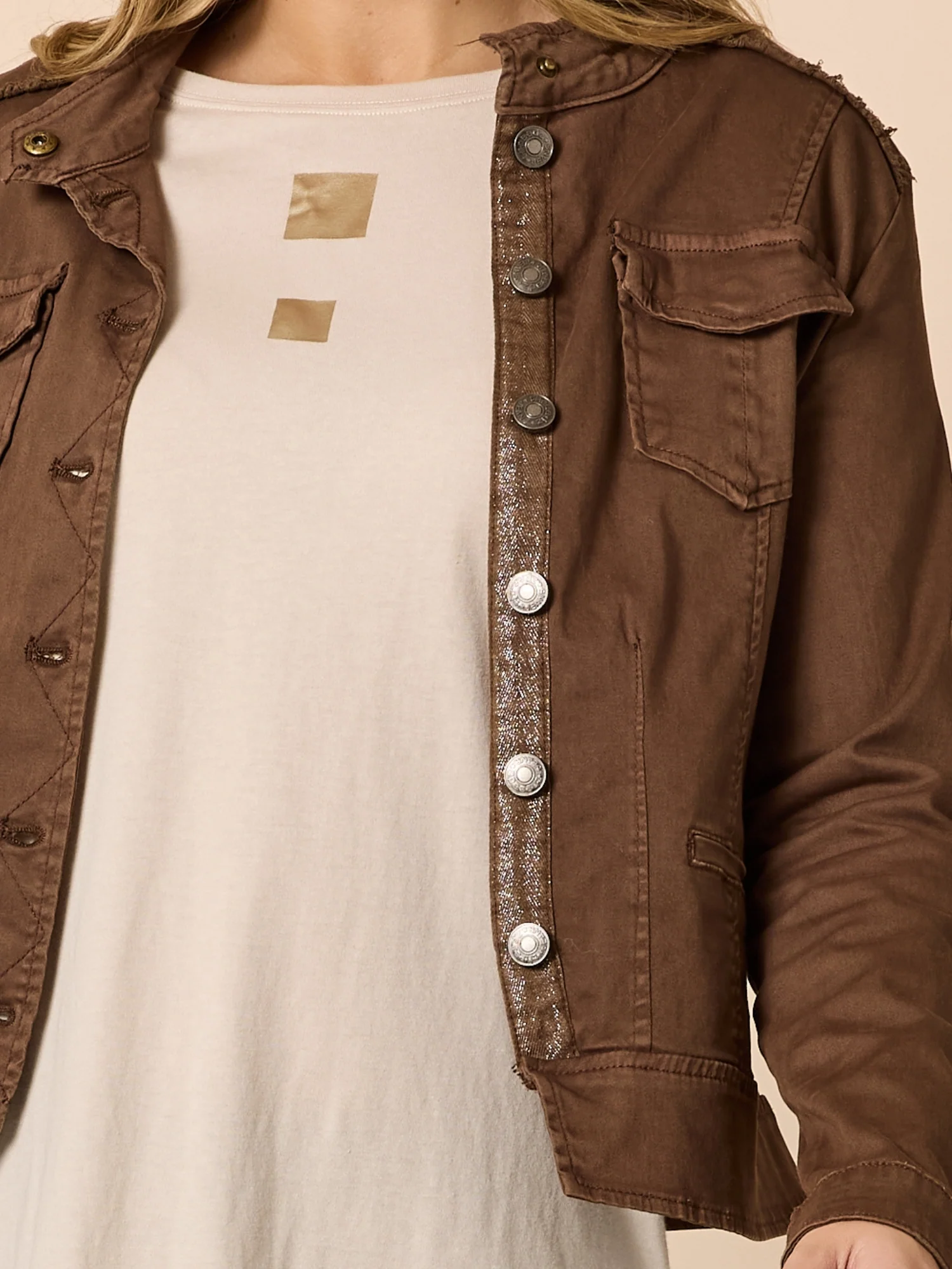 Military Style Denim Jacket - Chocolate - Image 6