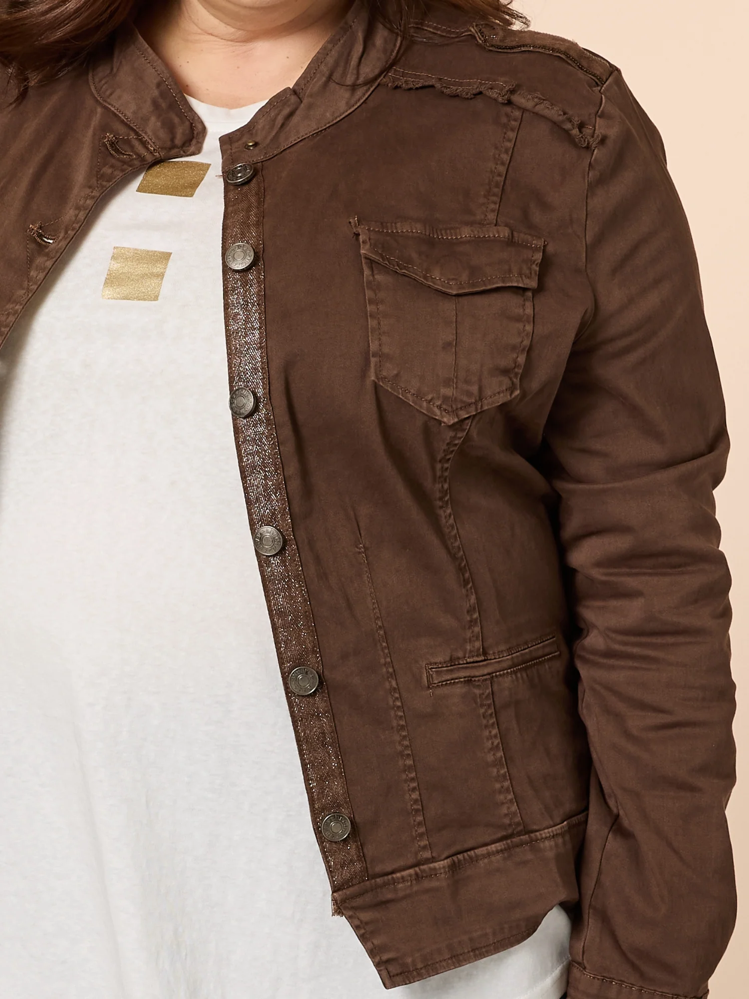 Military Style Denim Jacket - Chocolate - Image 7