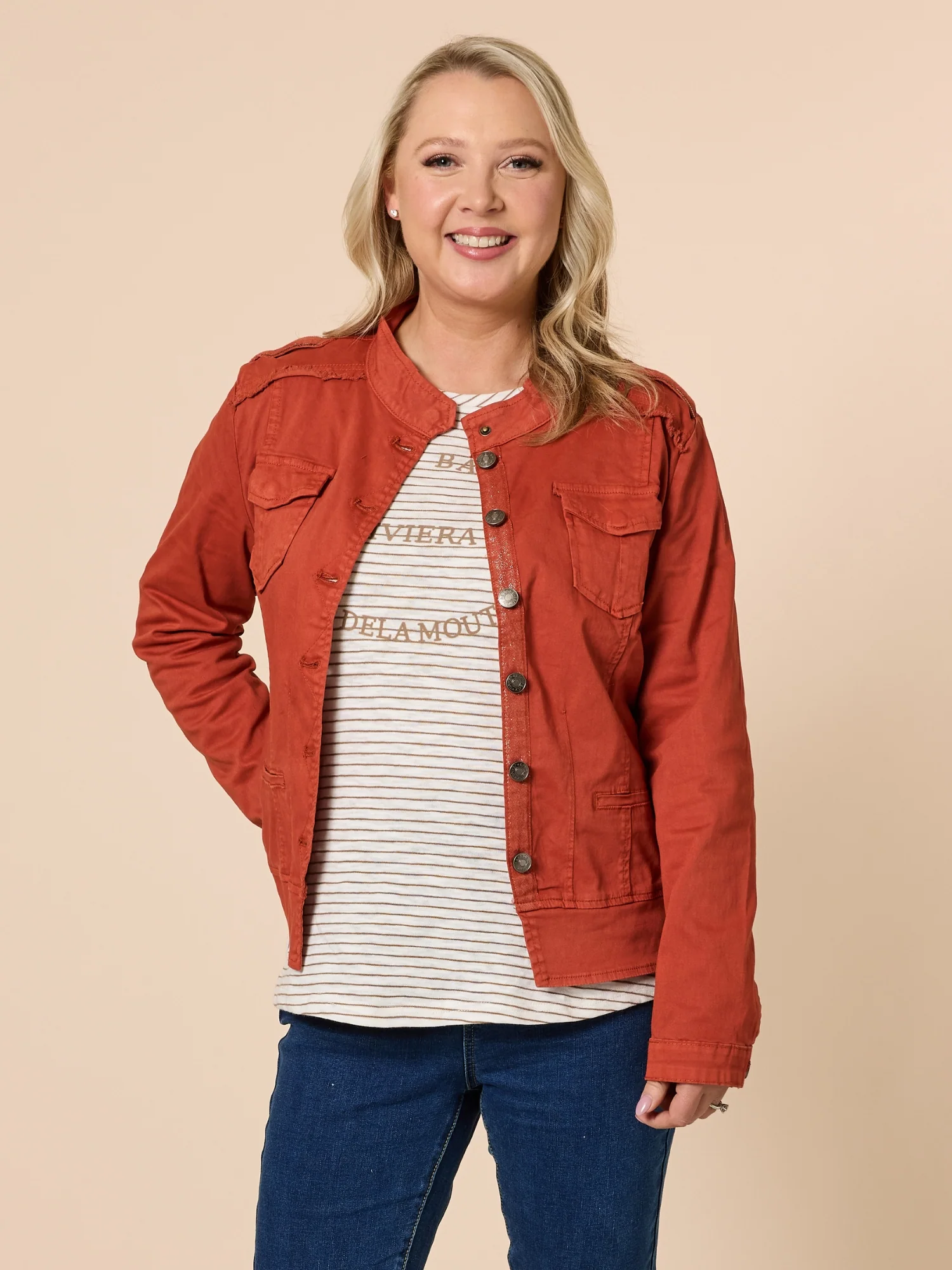 Military Style Denim Jacket - Maple