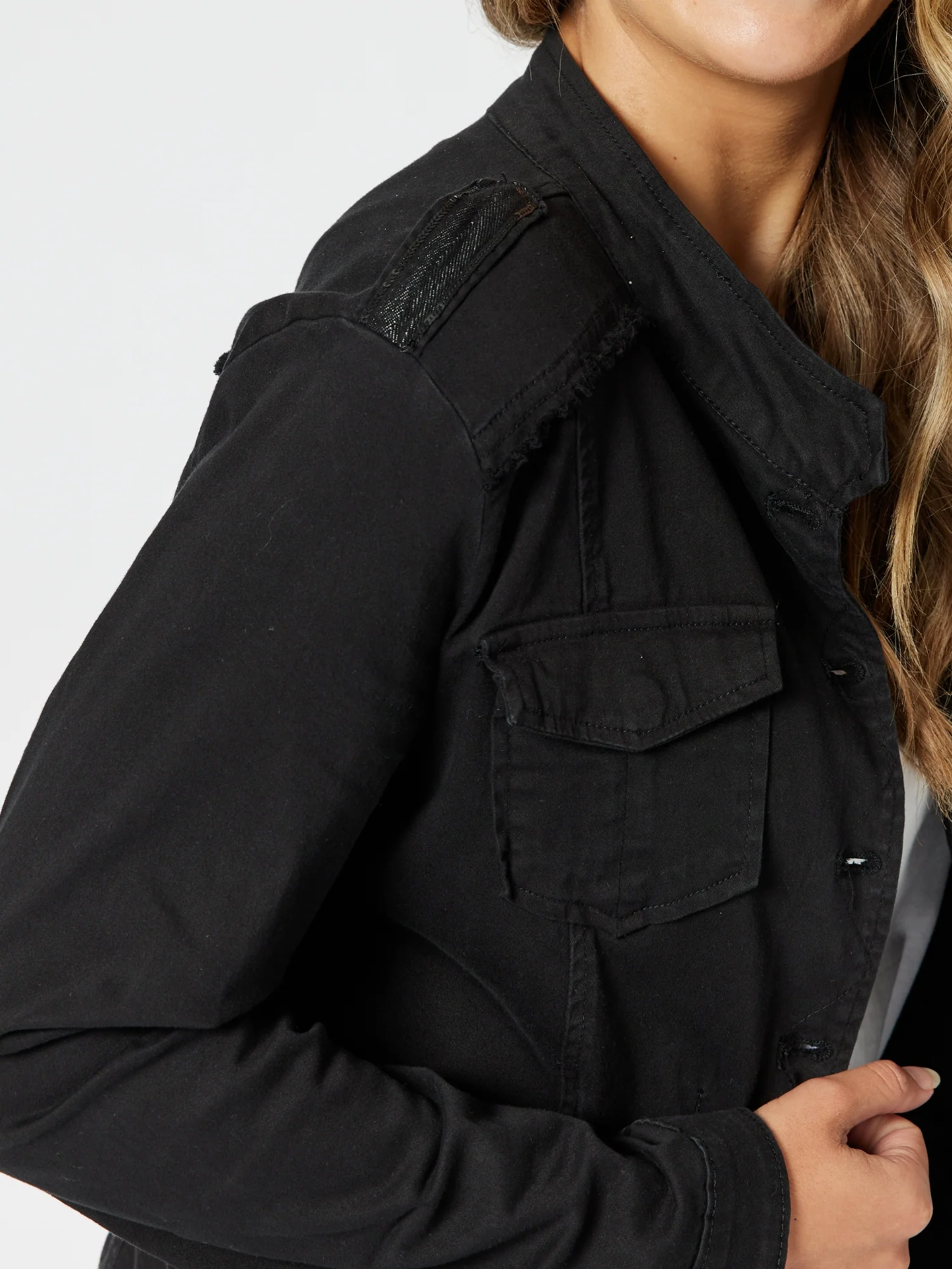 Military Style Denim Jacket - Black - Image 3