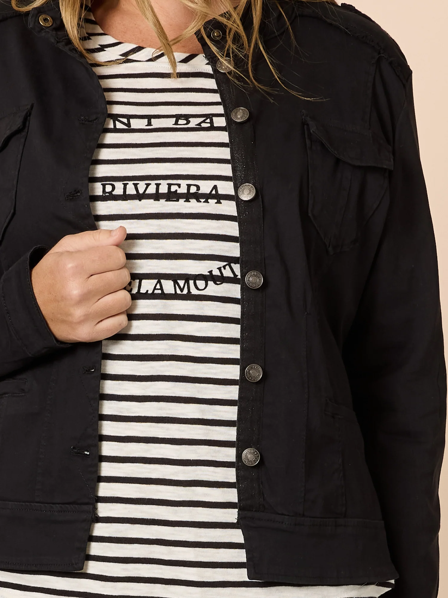 Military Style Denim Jacket - Black - Image 7