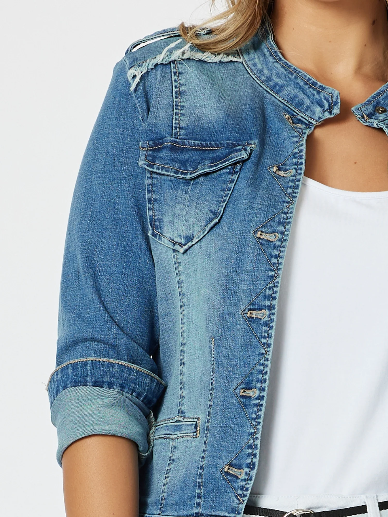 Military Style Denim Jacket - Denim - Image 3
