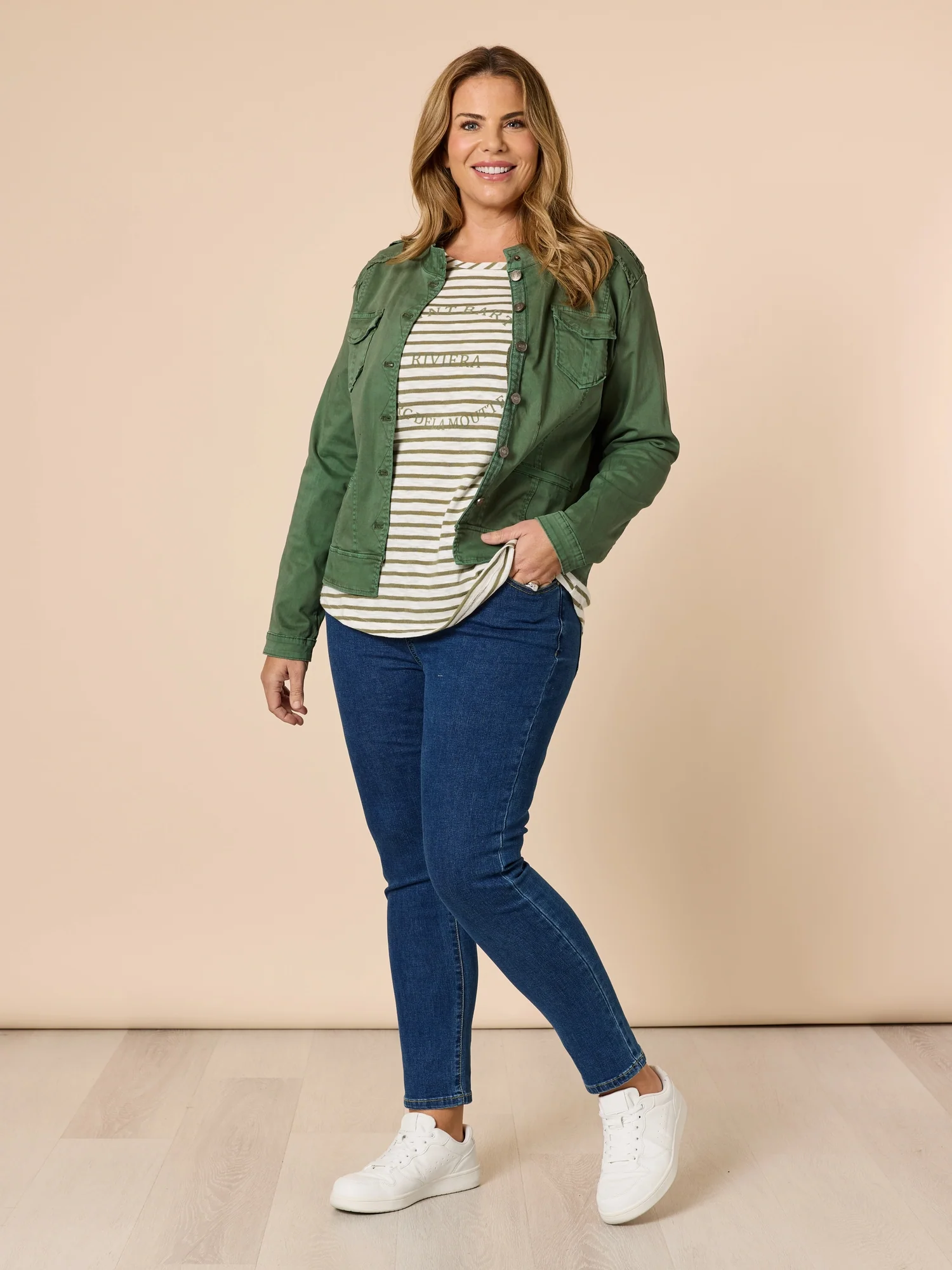 Military Style Denim Jacket - Khaki - Image 2
