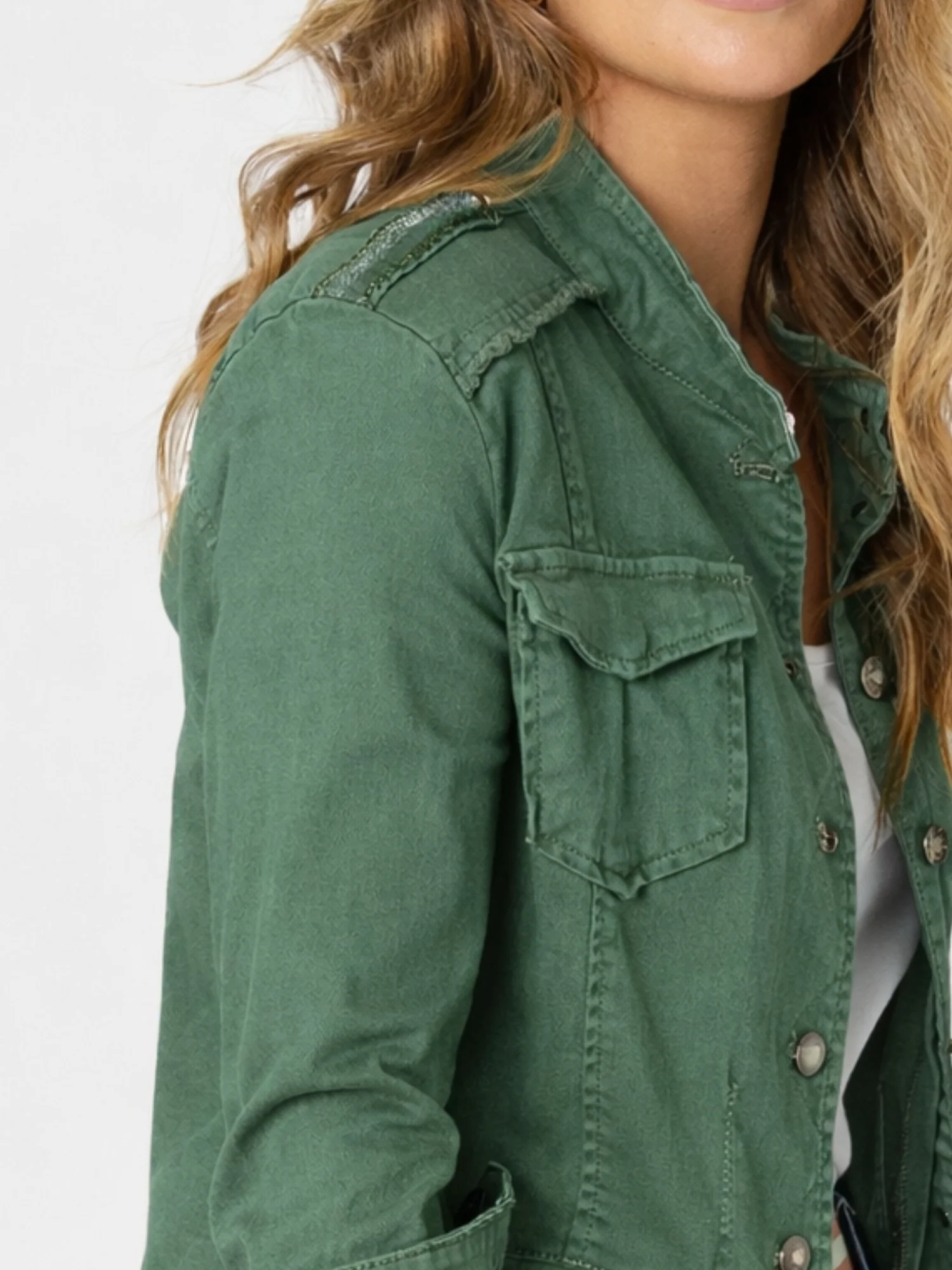 Military Style Denim Jacket - Khaki - Image 3