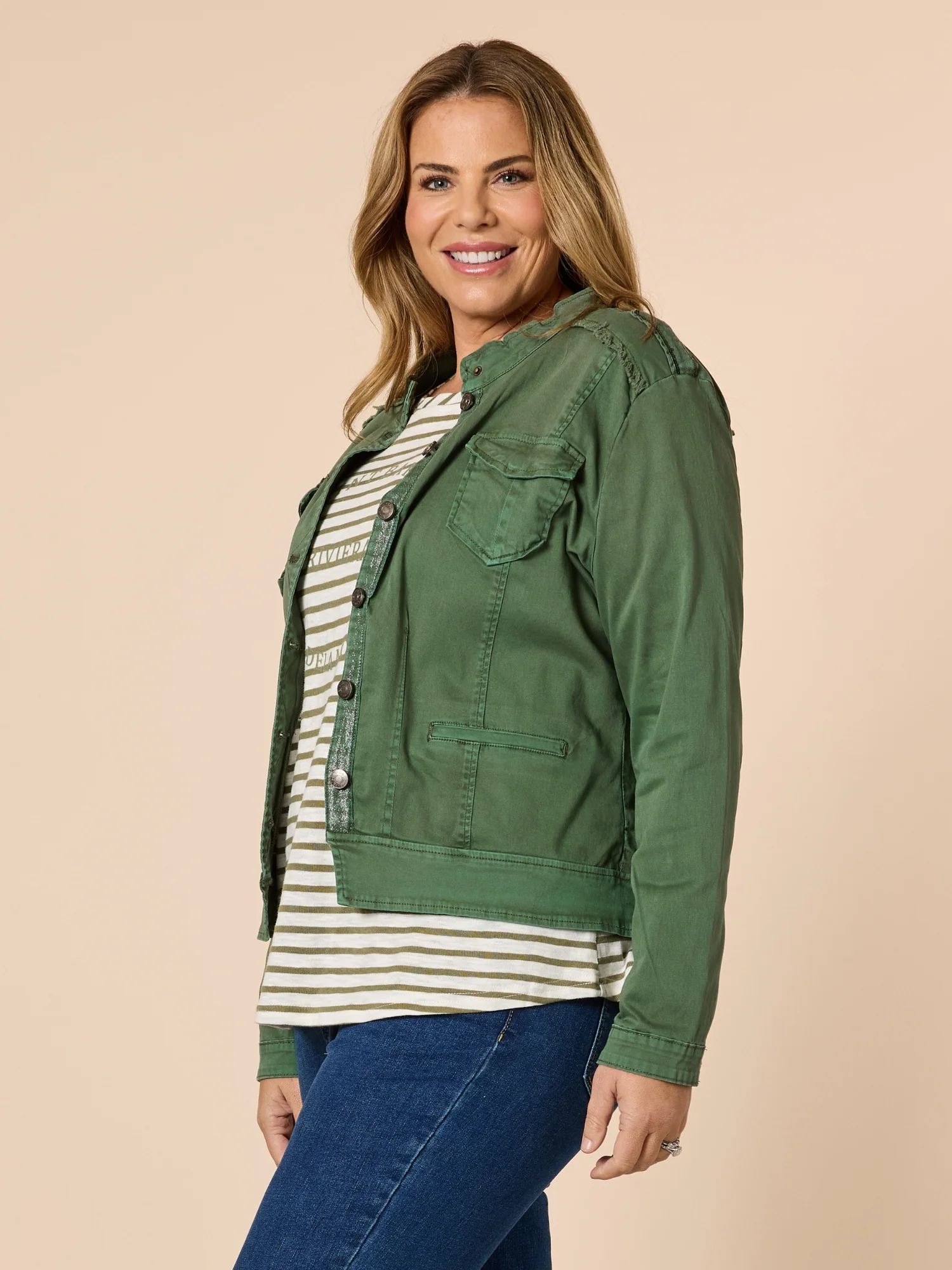 Military Style Denim Jacket - Khaki - Image 4