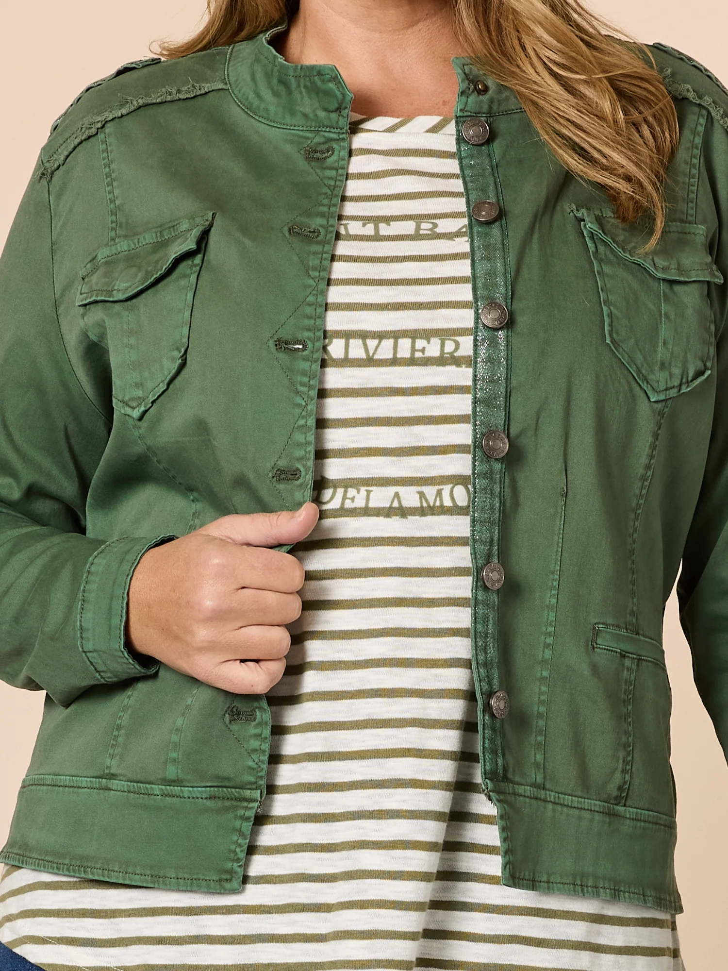 Military Style Denim Jacket - Khaki - Image 6