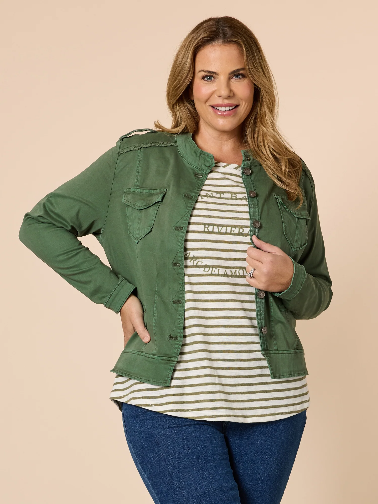 Military Style Denim Jacket - Khaki - Image 7