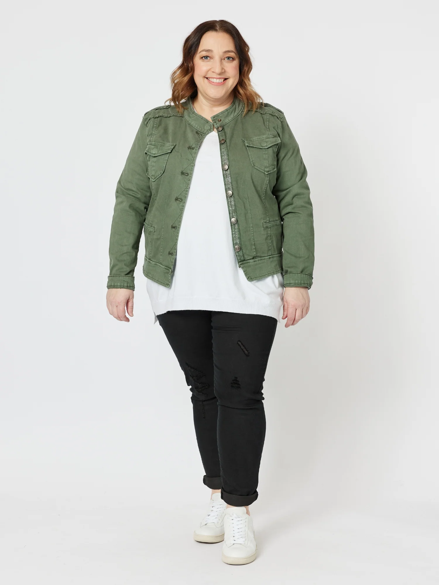 Military Style Denim Jacket - Khaki - Image 9