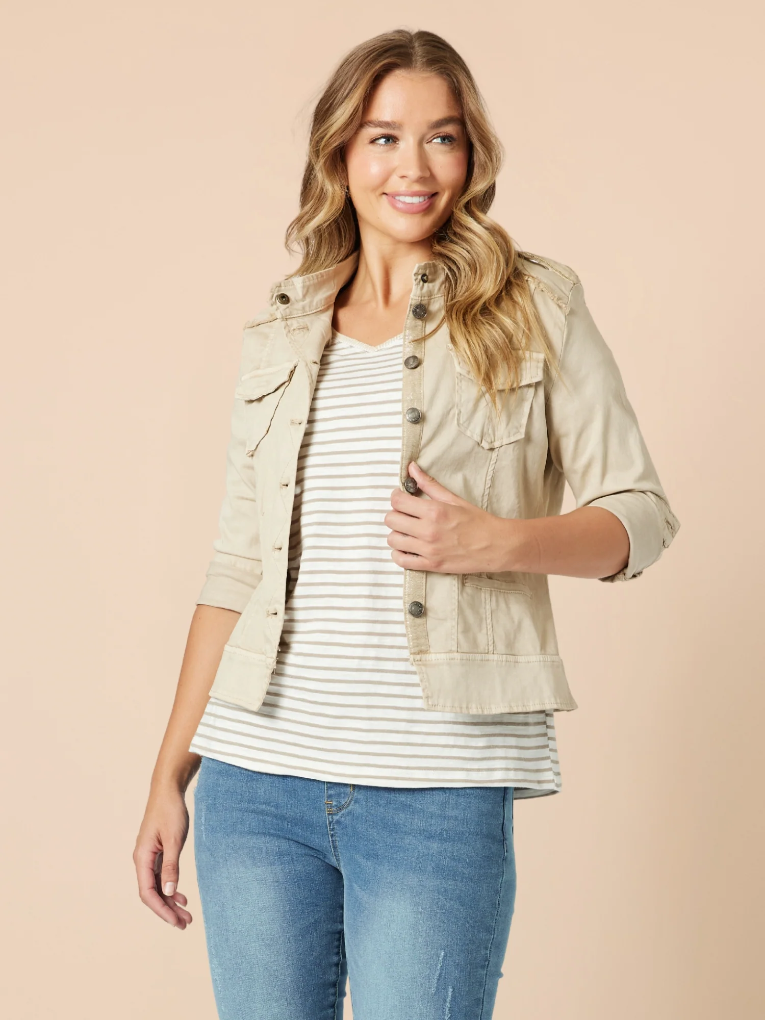 Military Style Denim Jacket - Natural