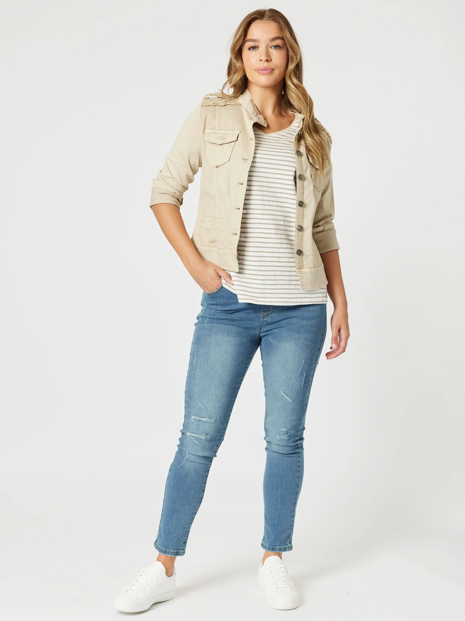 Military Style Denim Jacket - Natural - Image 11