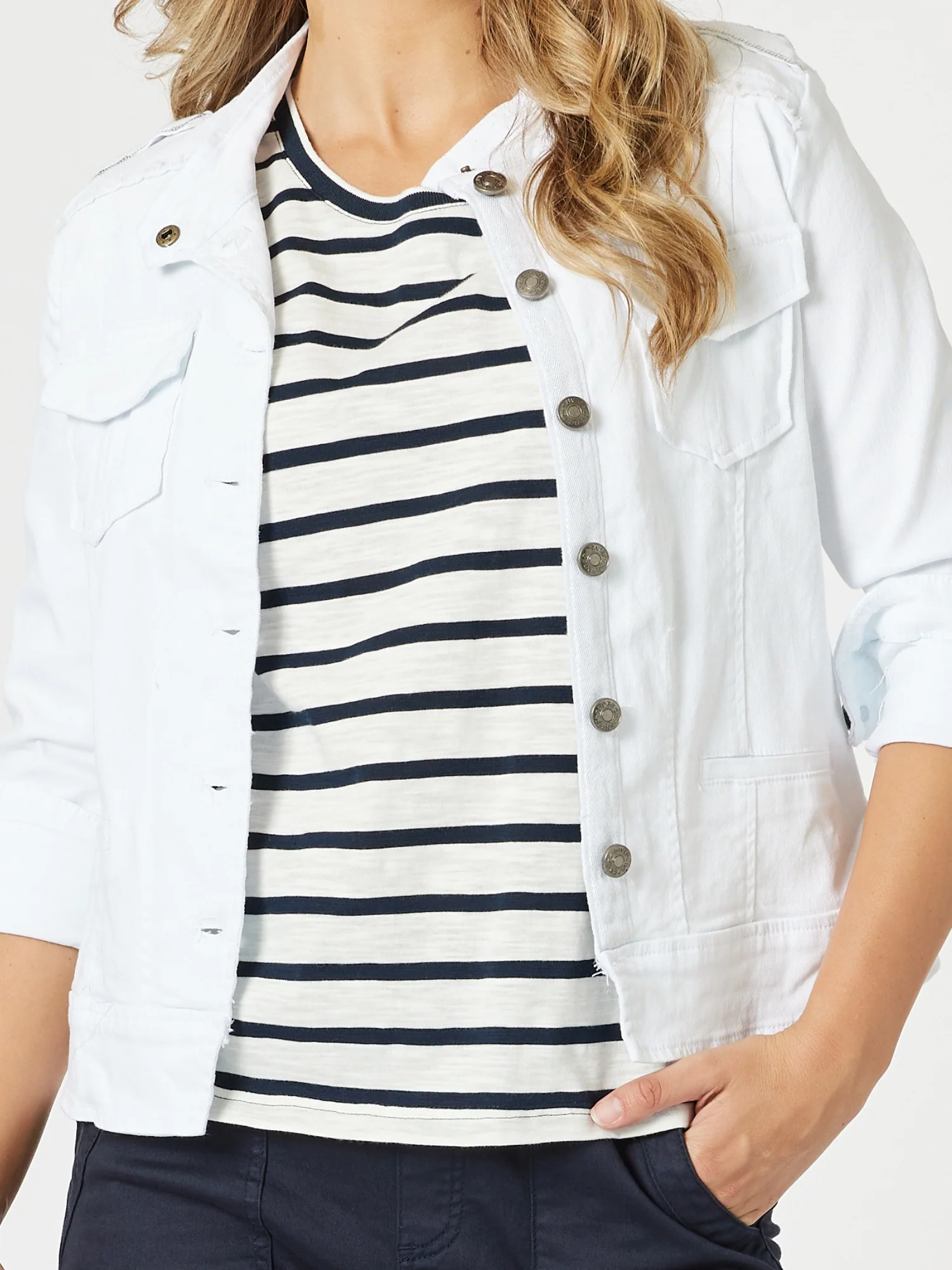 Military Style Denim Jacket - White - Image 6