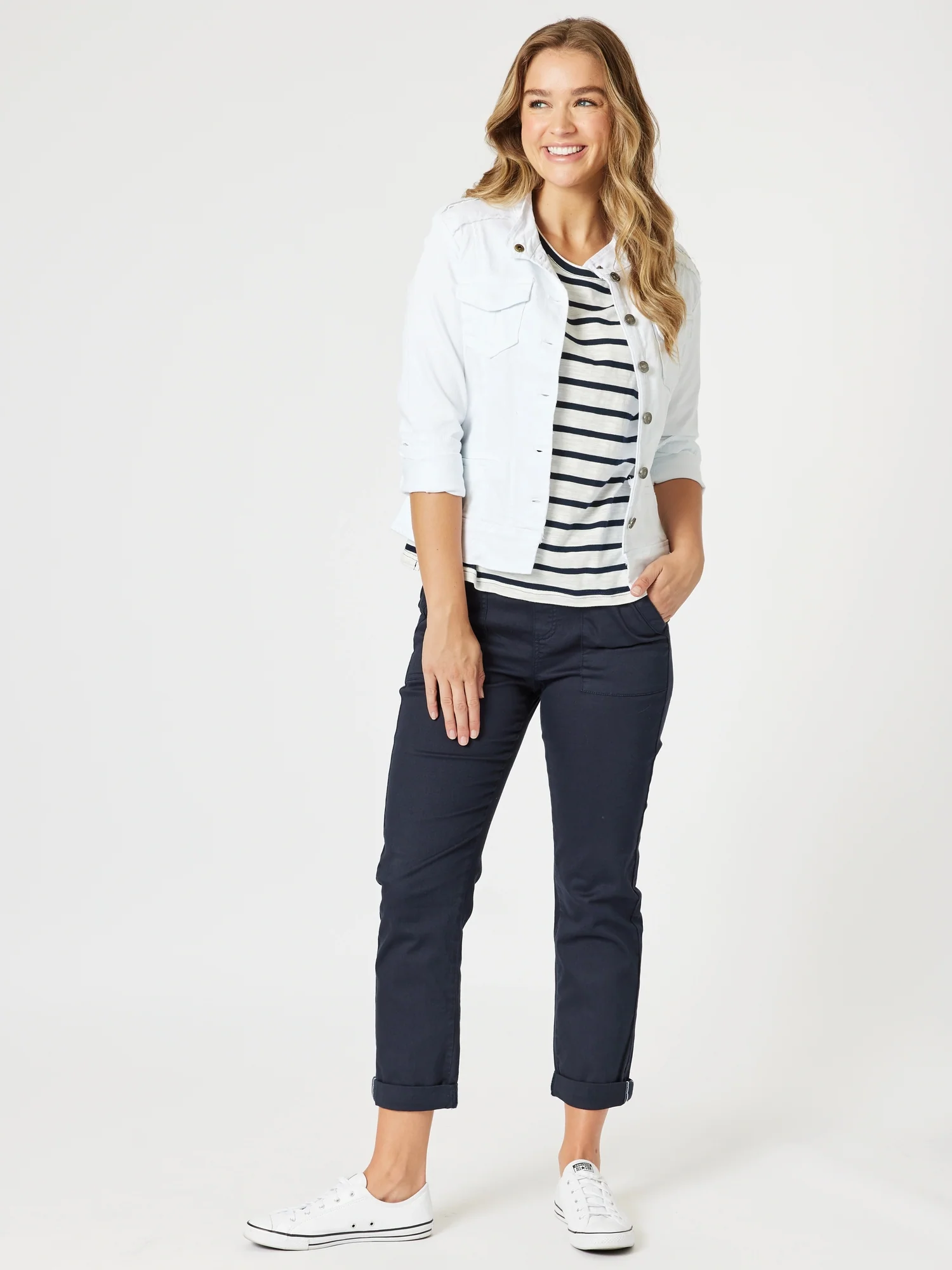 Military Style Denim Jacket - White - Image 8