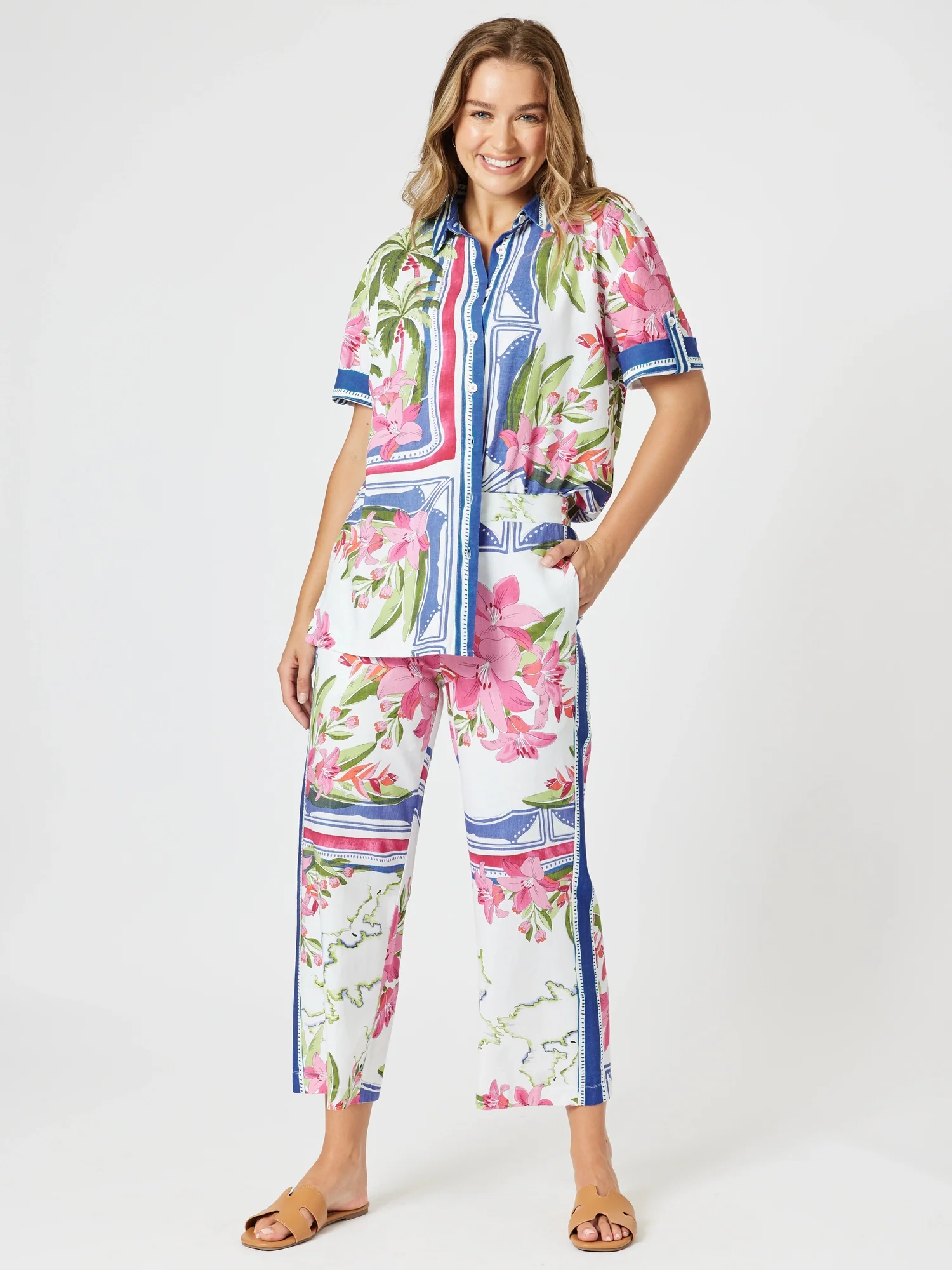 Monaco Floral Print Wide Leg Pant - Sardinia Blue Multi - Image 3