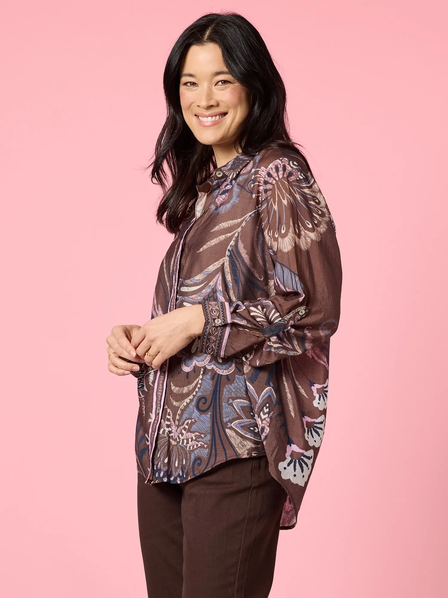 Montana Floral Print Sheer Shirt - Coffee Multi - Image 3