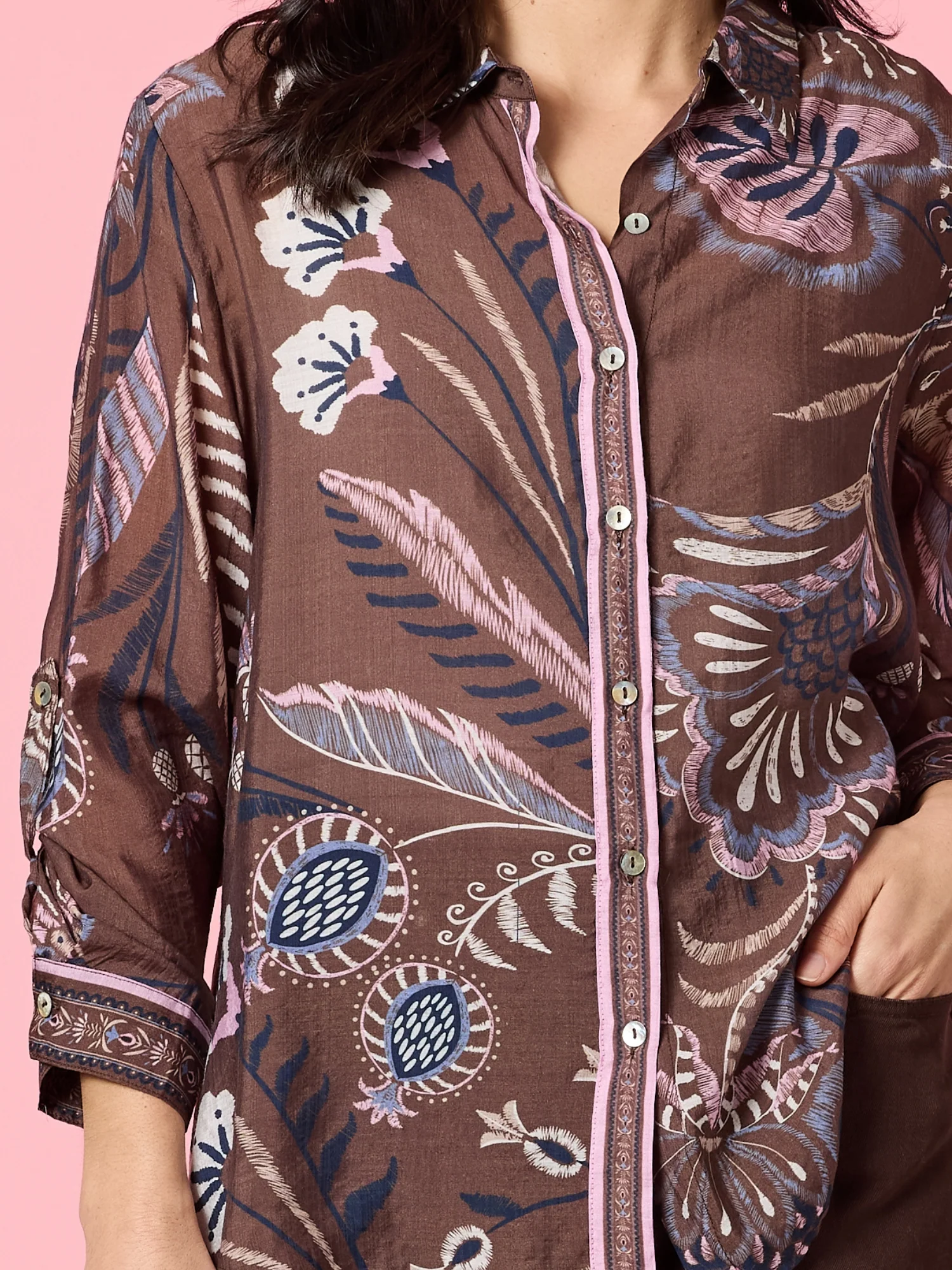 Montana Floral Print Sheer Shirt - Coffee Multi - Image 6