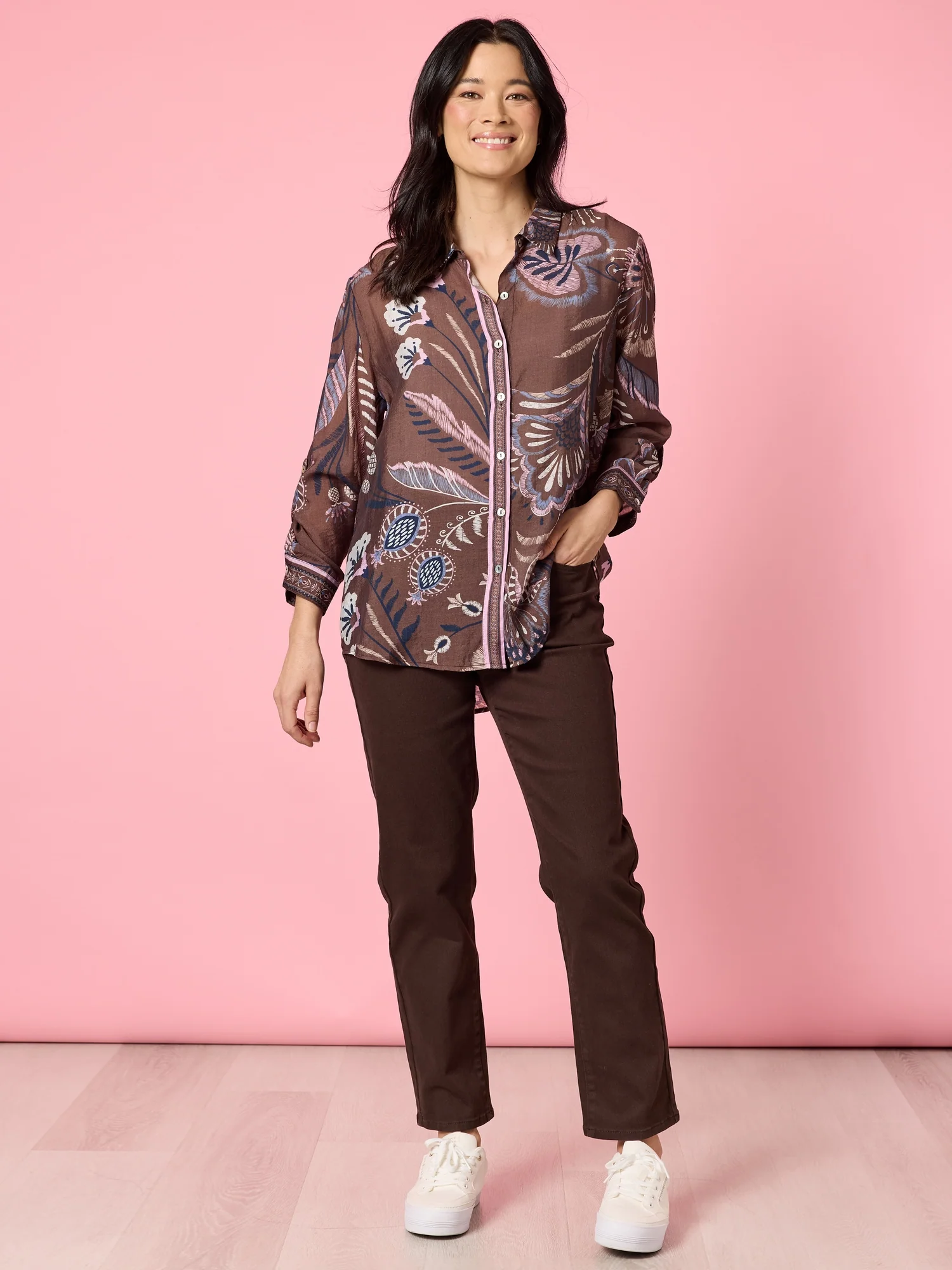 Montana Floral Print Sheer Shirt - Coffee Multi - Image 7