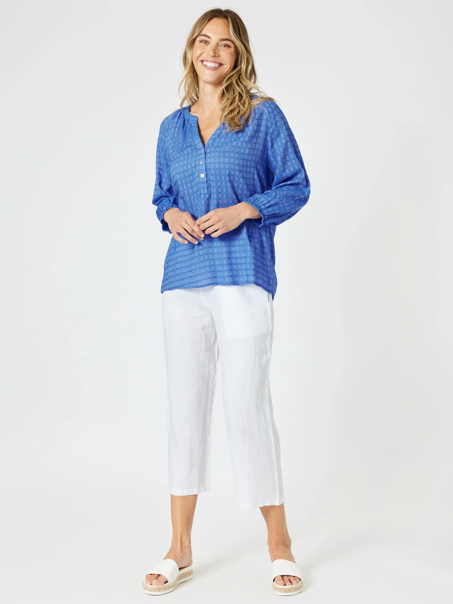 Mykonos Check Blouse - Sardinia Blue - Image 4