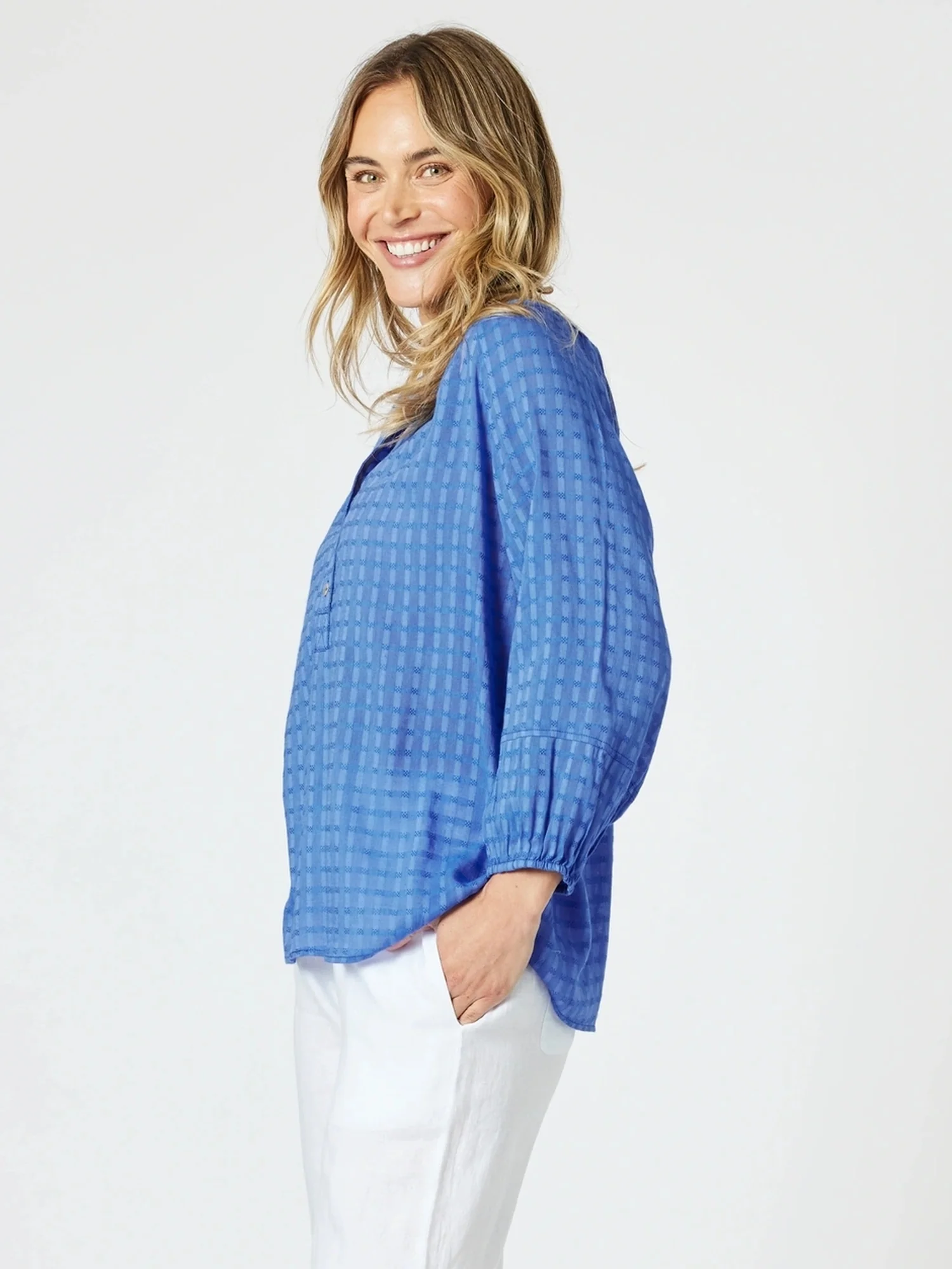 Mykonos Check Blouse - Sardinia Blue - Image 5