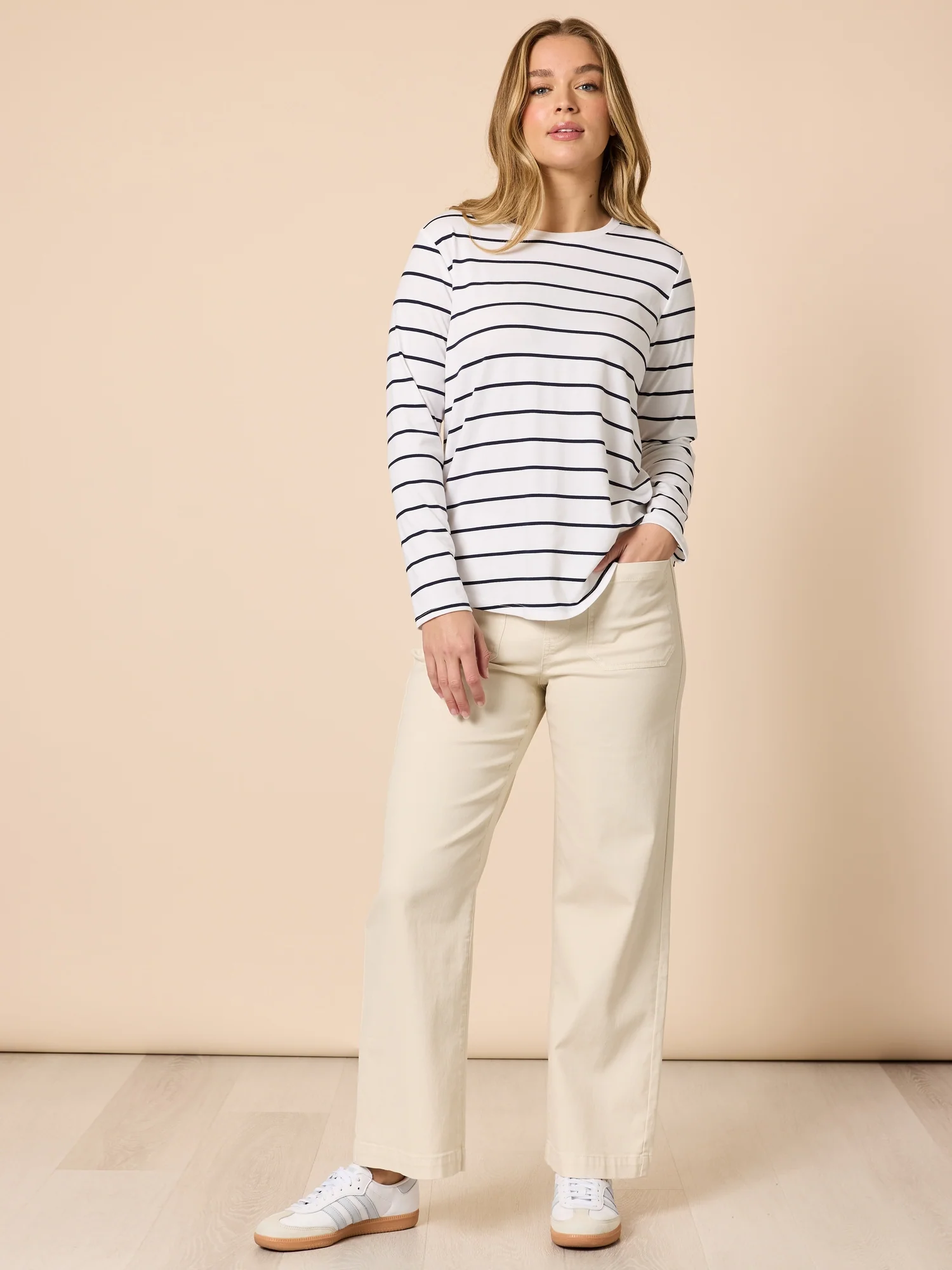 Nicolette Stripe Print Long Sleeve Tee - White/Navy - Image 3