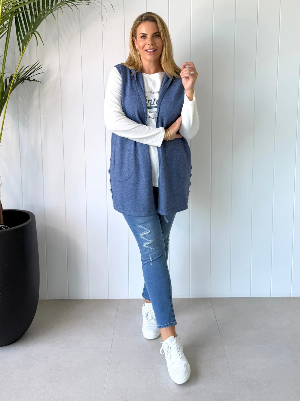 Ollie Side Button Vest - Indigo - Image 2