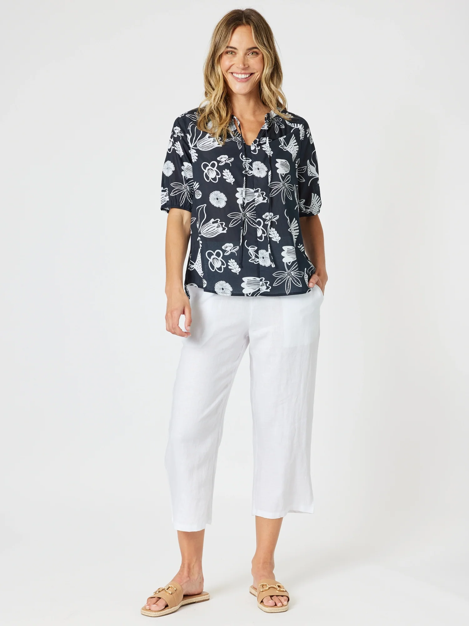Palm Springs Floral Print Top - Navy/White - Image 3