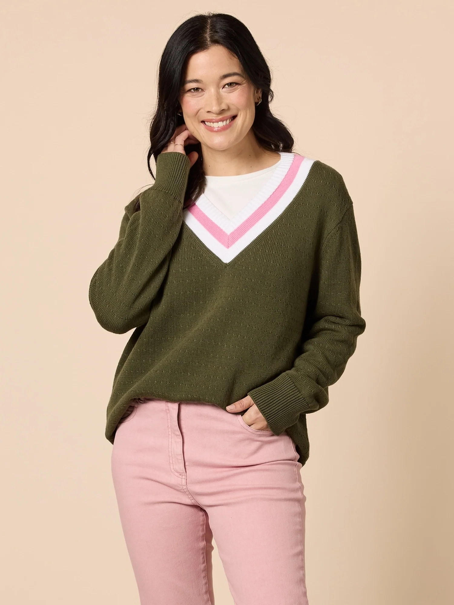 Princeton V Neck Knit Jumper - Khaki