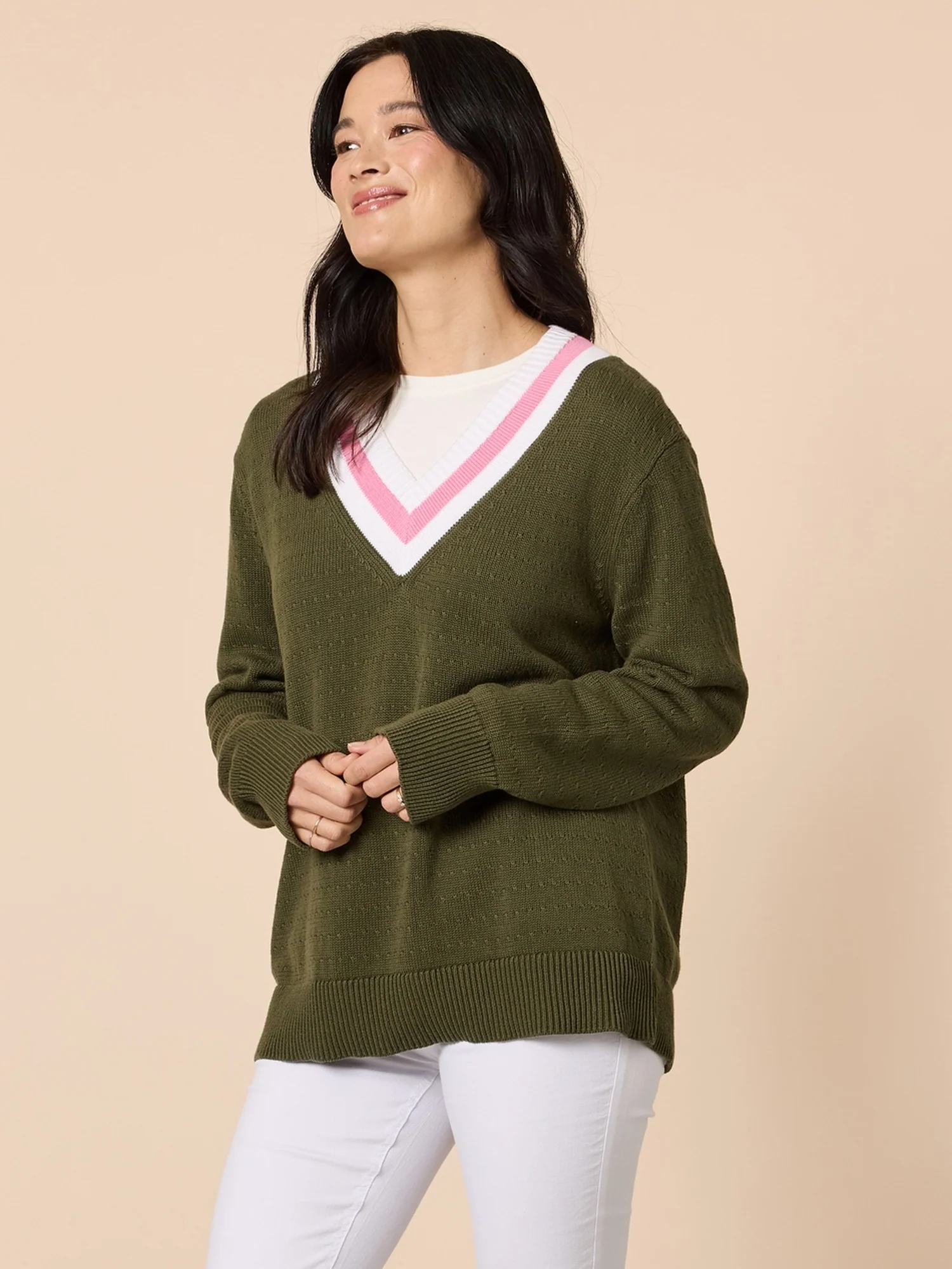 Princeton V Neck Knit Jumper - Khaki - Image 3