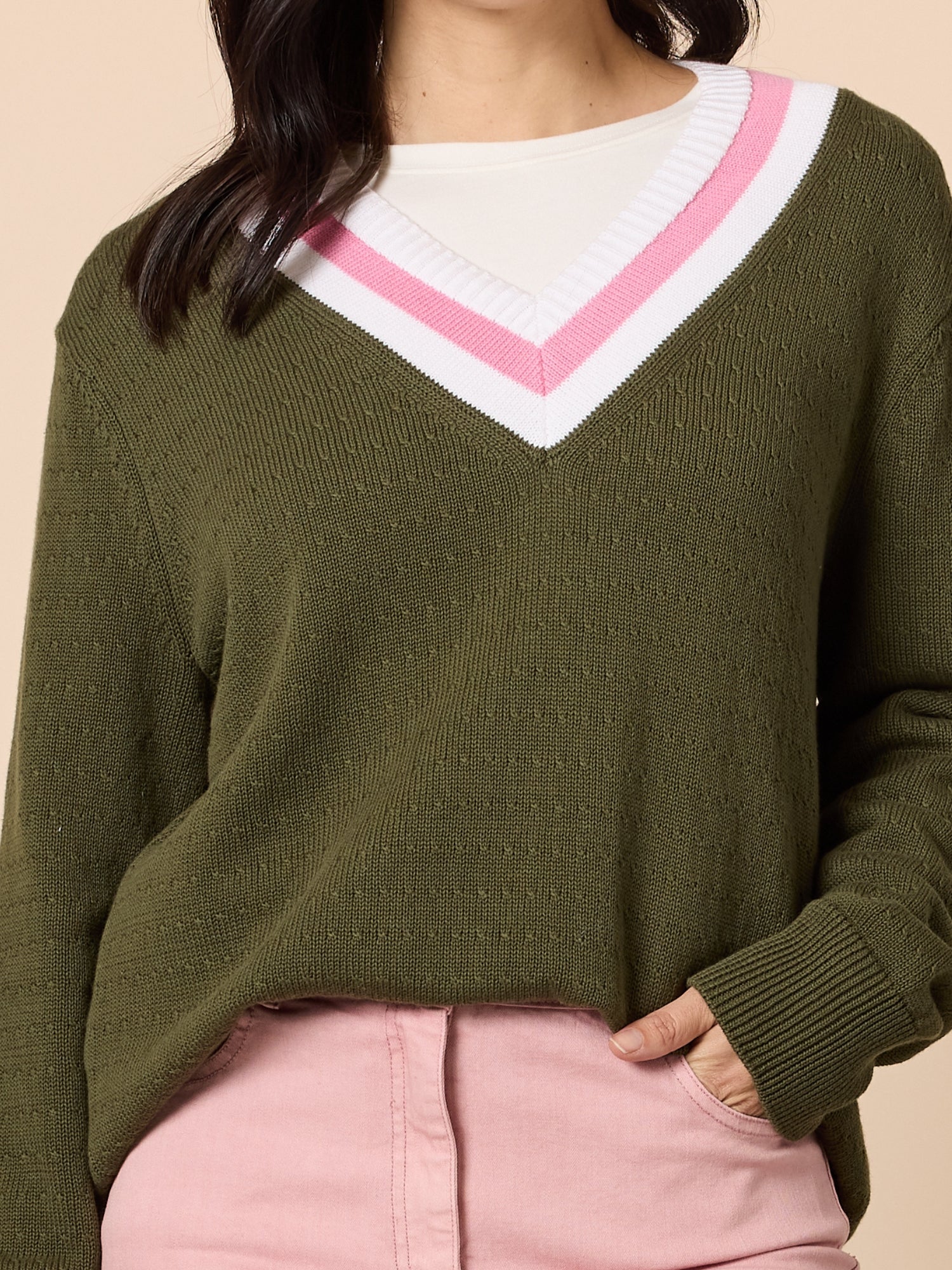 Princeton V Neck Knit Jumper - Khaki - Image 6