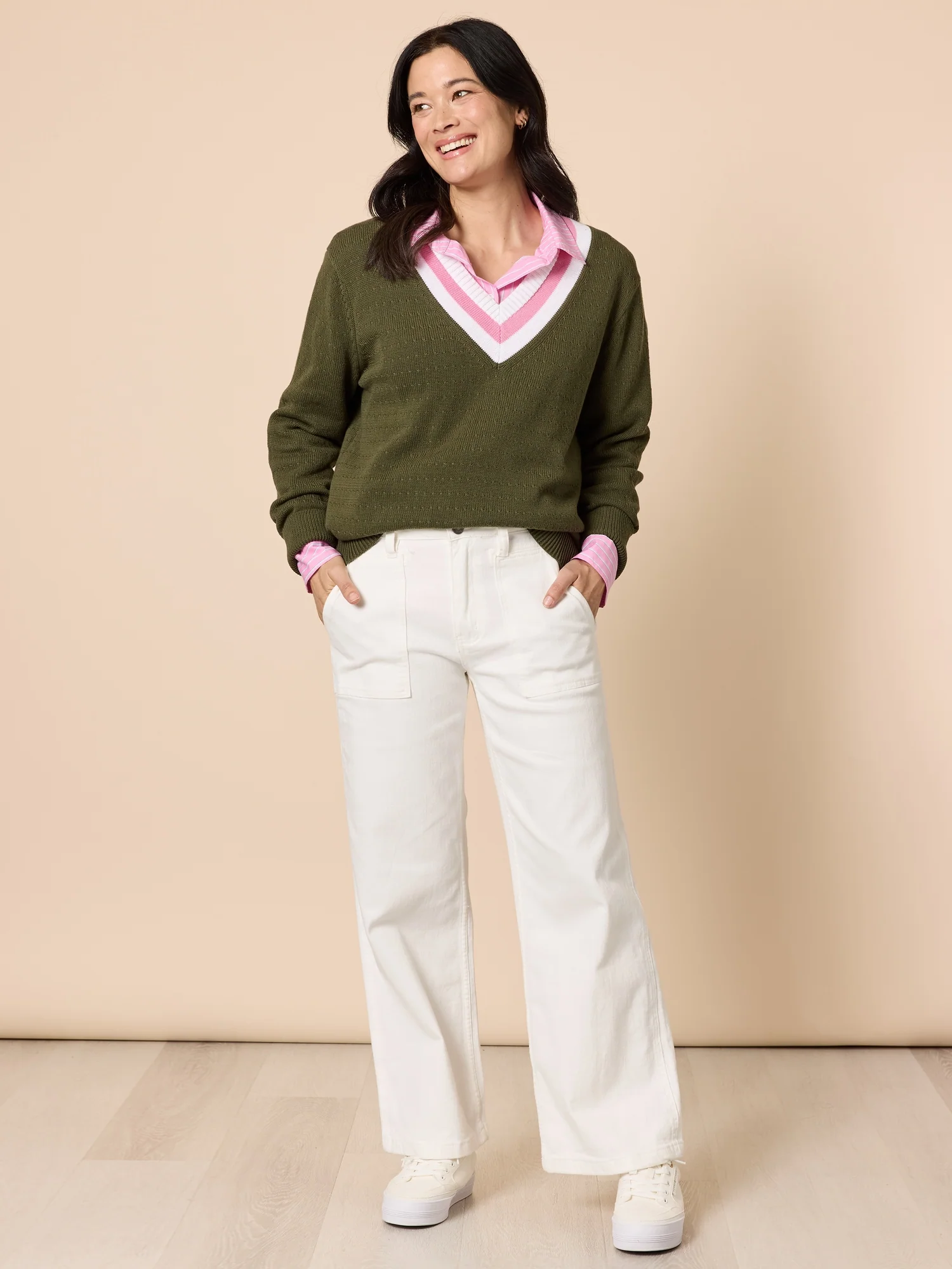 Princeton V Neck Knit Jumper - Khaki - Image 7