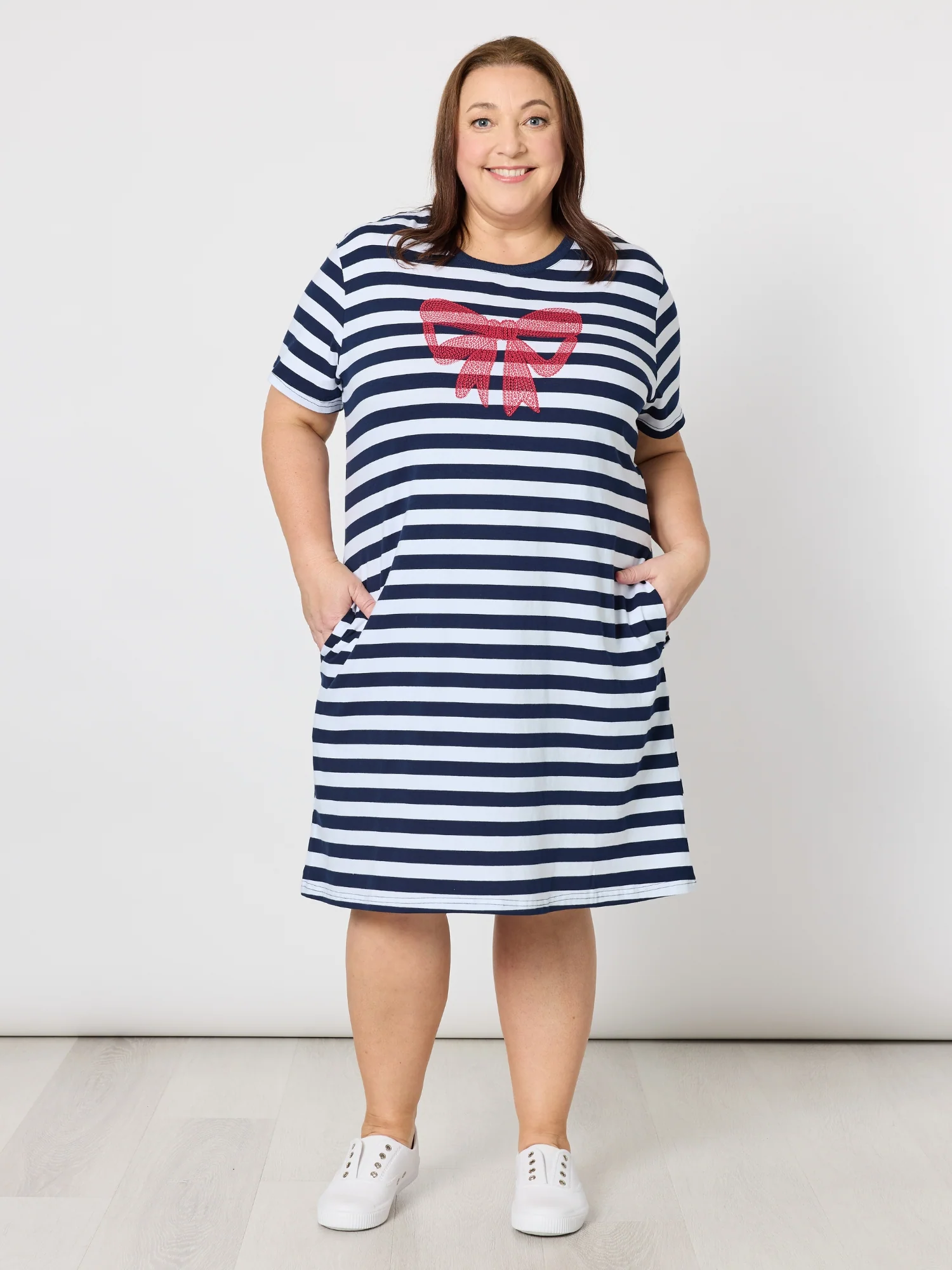 Red Bow Stripe Print Dress - Navy/White - Image 3