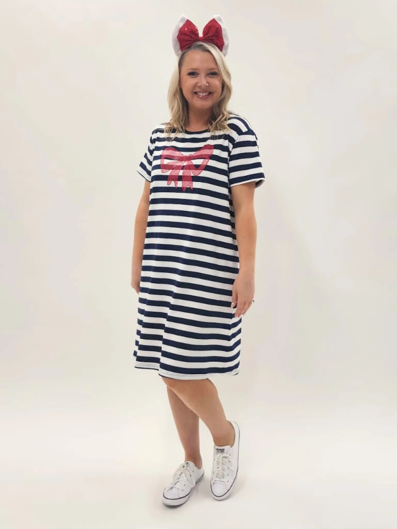 Red Bow Stripe Print Dress - Navy/White - Image 4