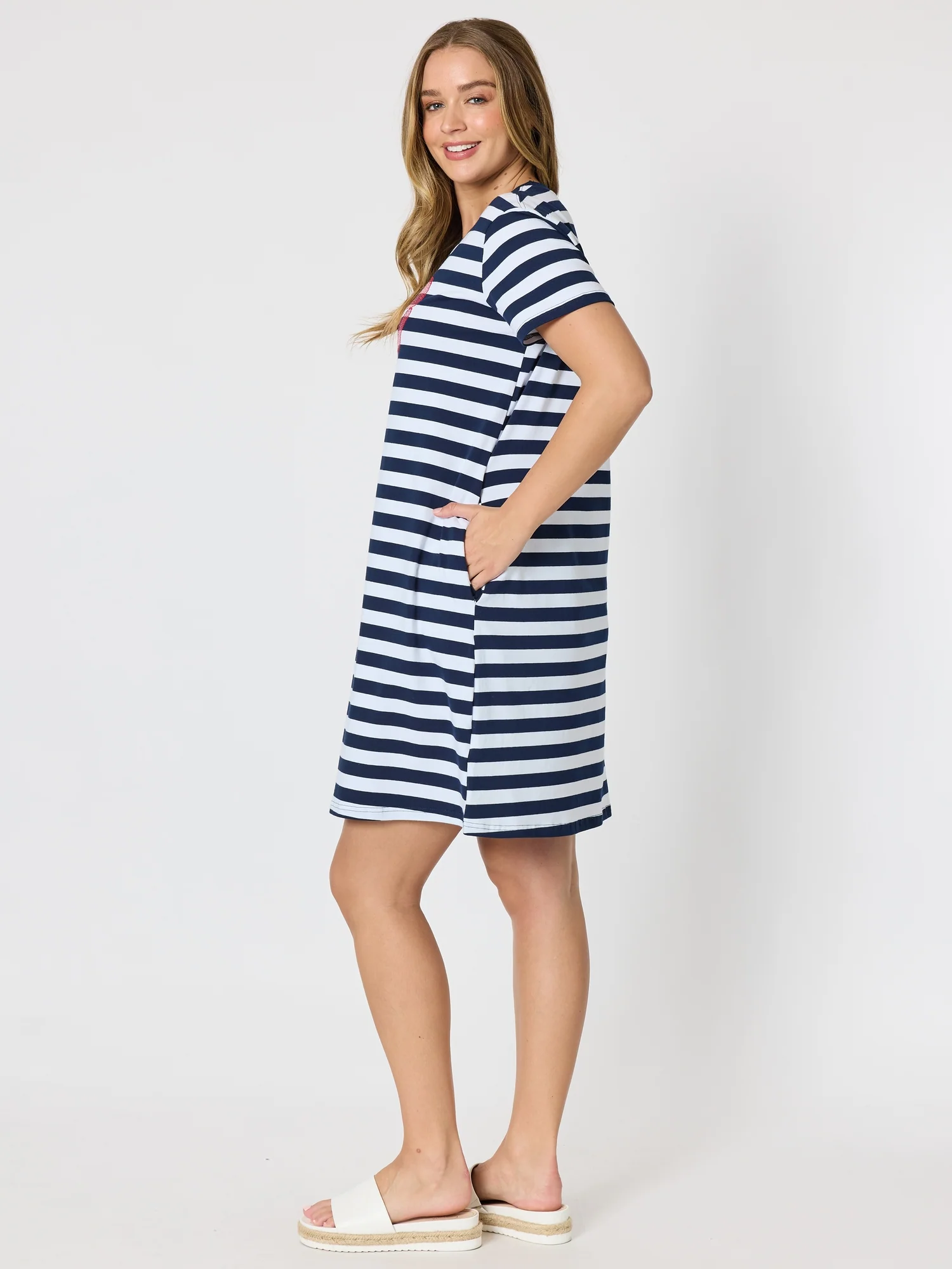 Red Bow Stripe Print Dress - Navy/White - Image 5