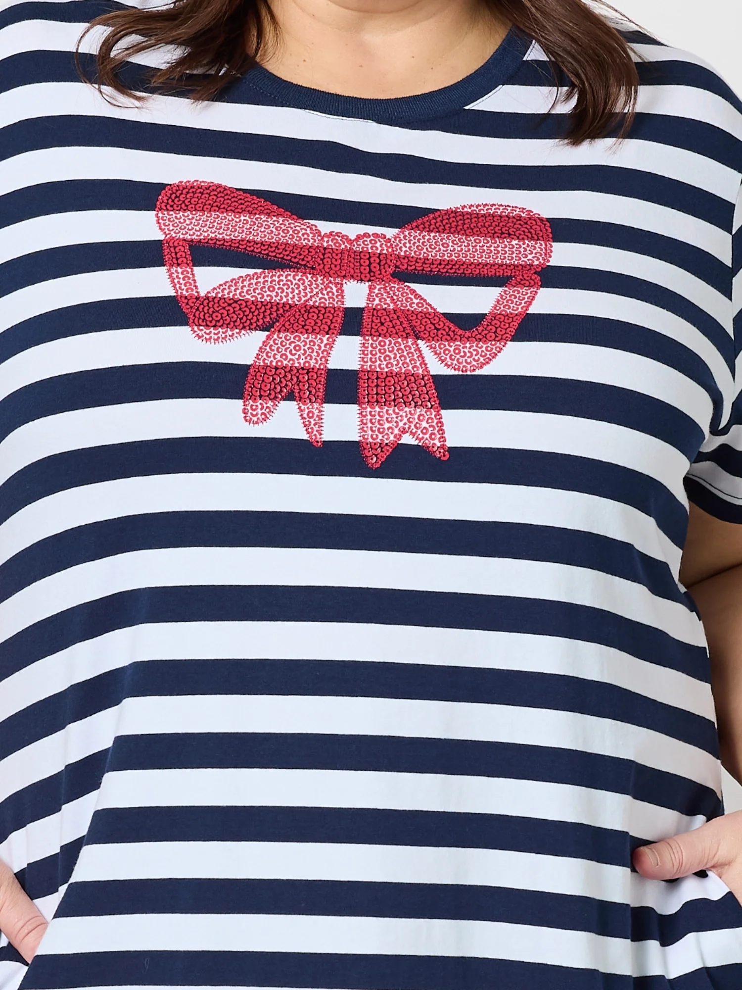 Red Bow Stripe Print Dress - Navy/White - Image 7
