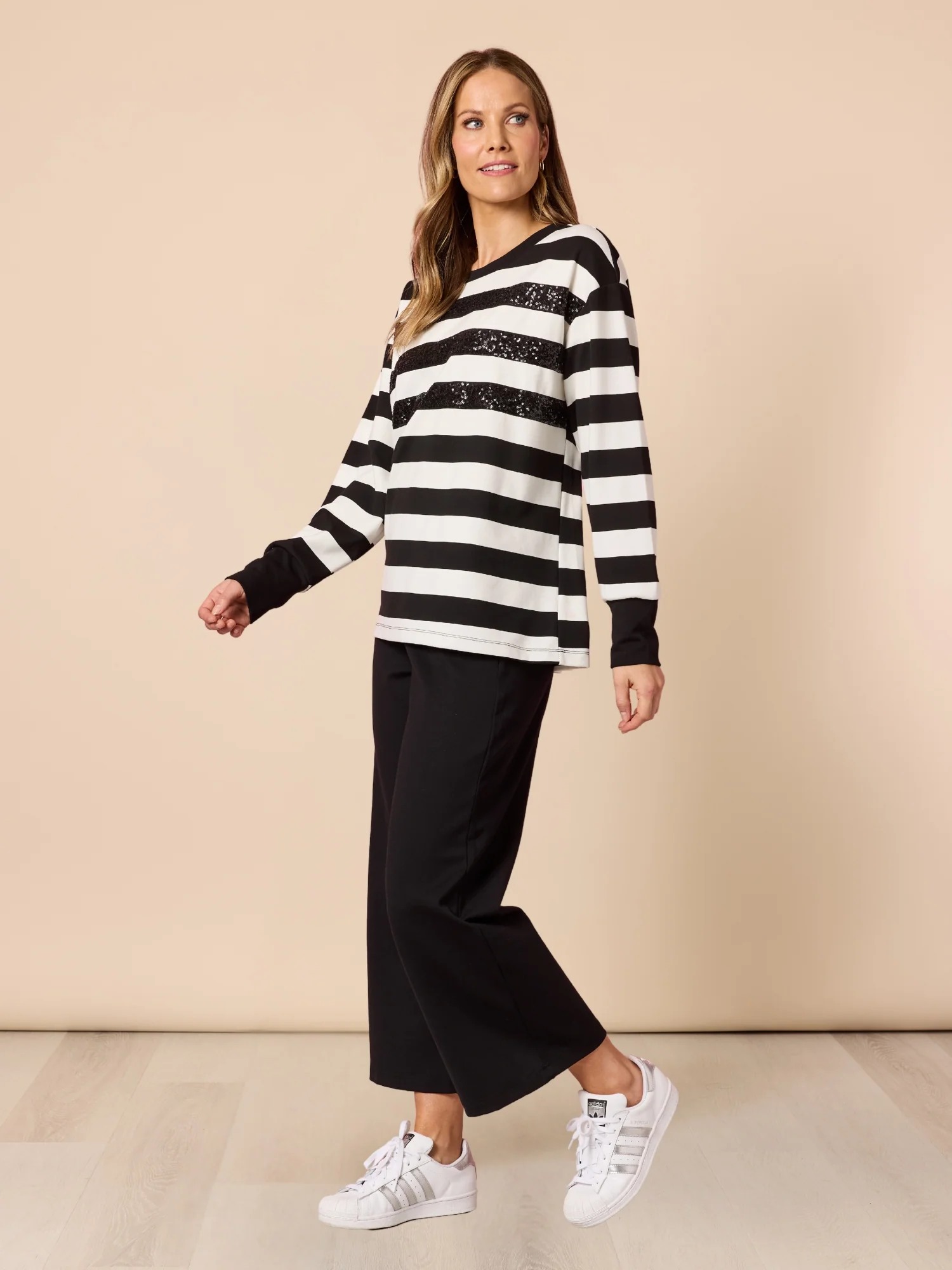 Riviera Sequin Stripe Print Sweatshirt - Black/Ivory - Image 2