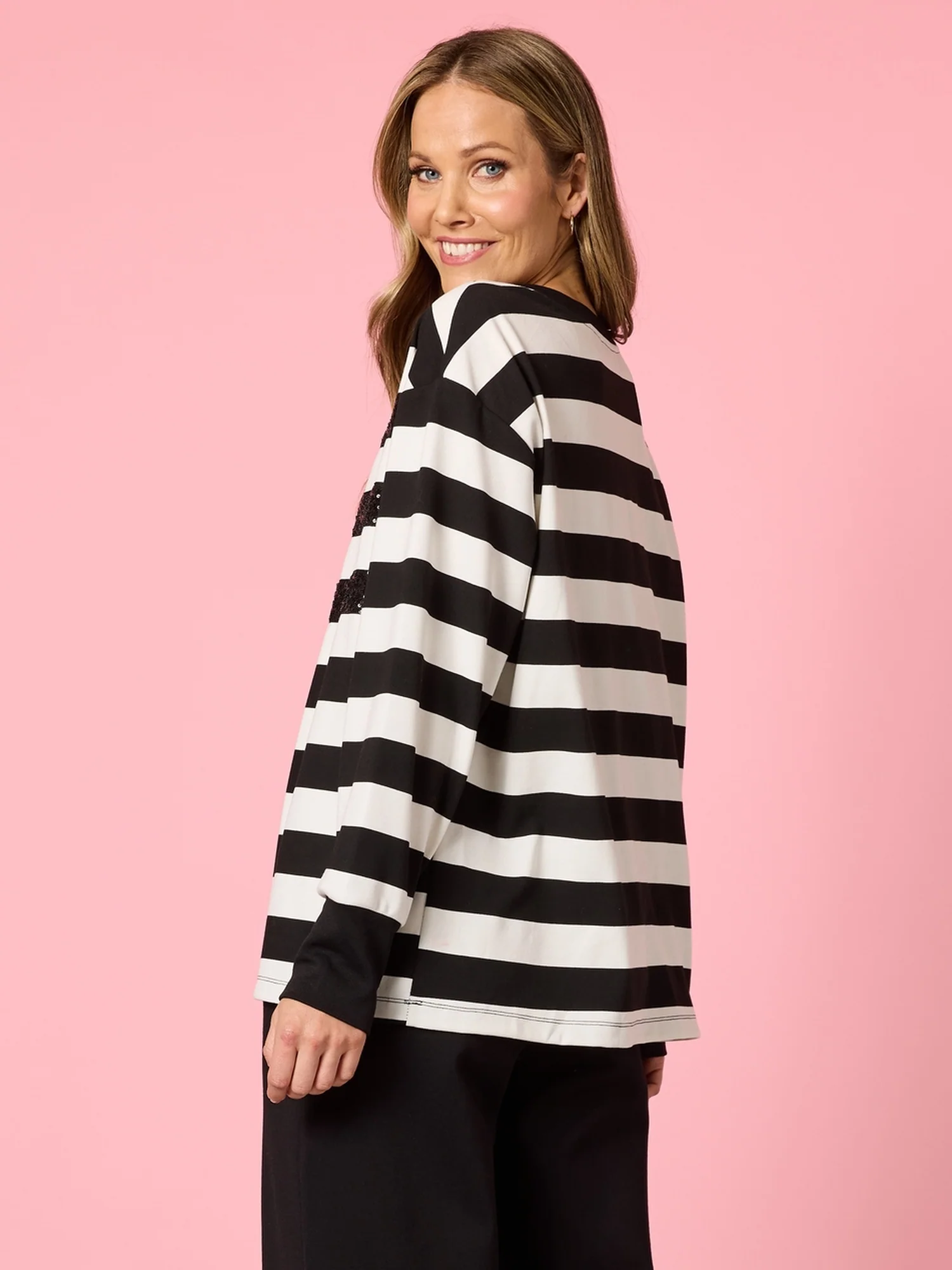Riviera Sequin Stripe Print Sweatshirt - Black/Ivory - Image 3