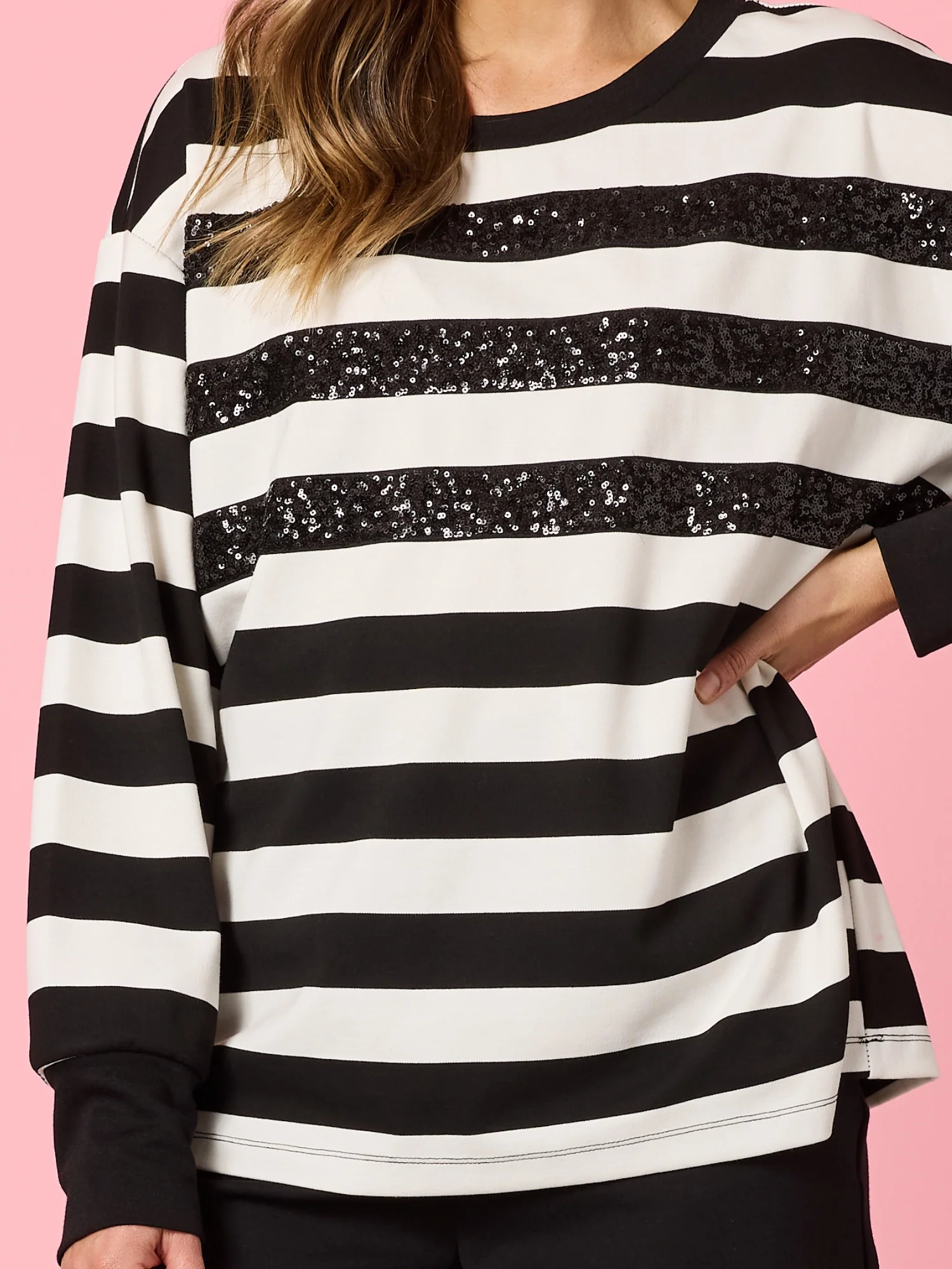 Riviera Sequin Stripe Print Sweatshirt - Black/Ivory - Image 5