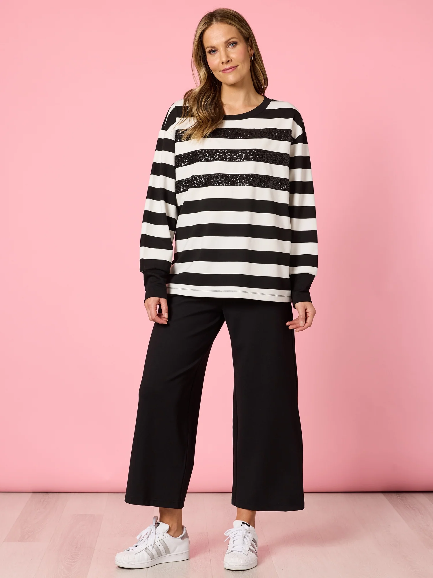 Riviera Sequin Stripe Print Sweatshirt - Black/Ivory - Image 6