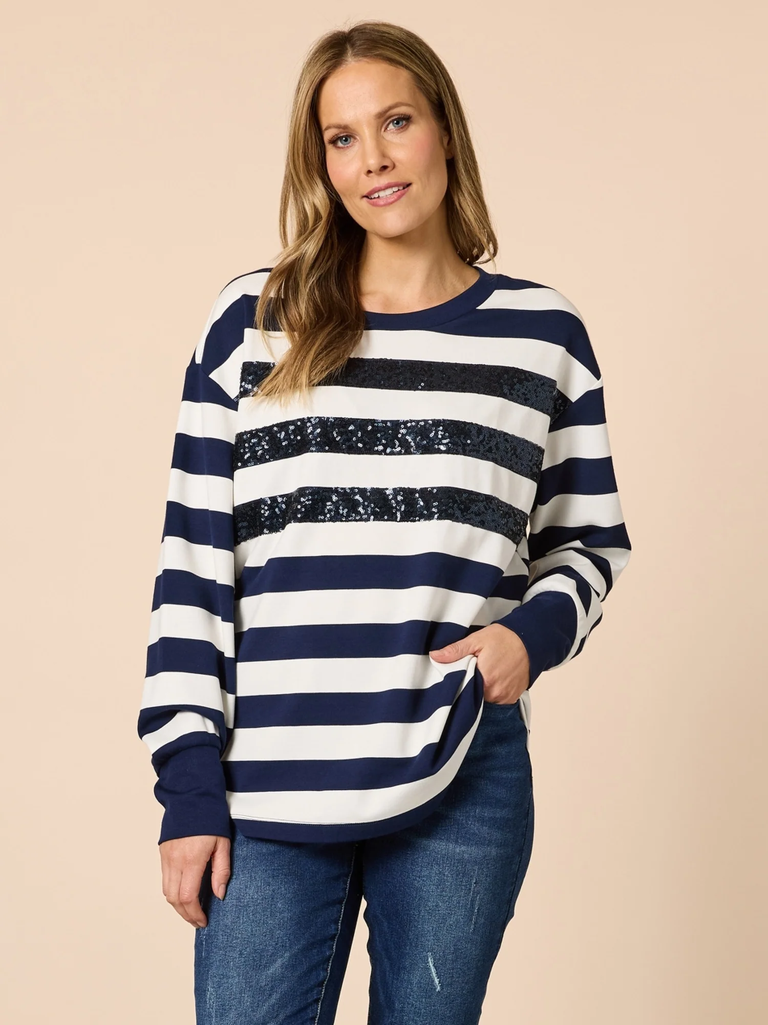Riviera Sequin Stripe Print Sweatshirt - Navy/Ivory
