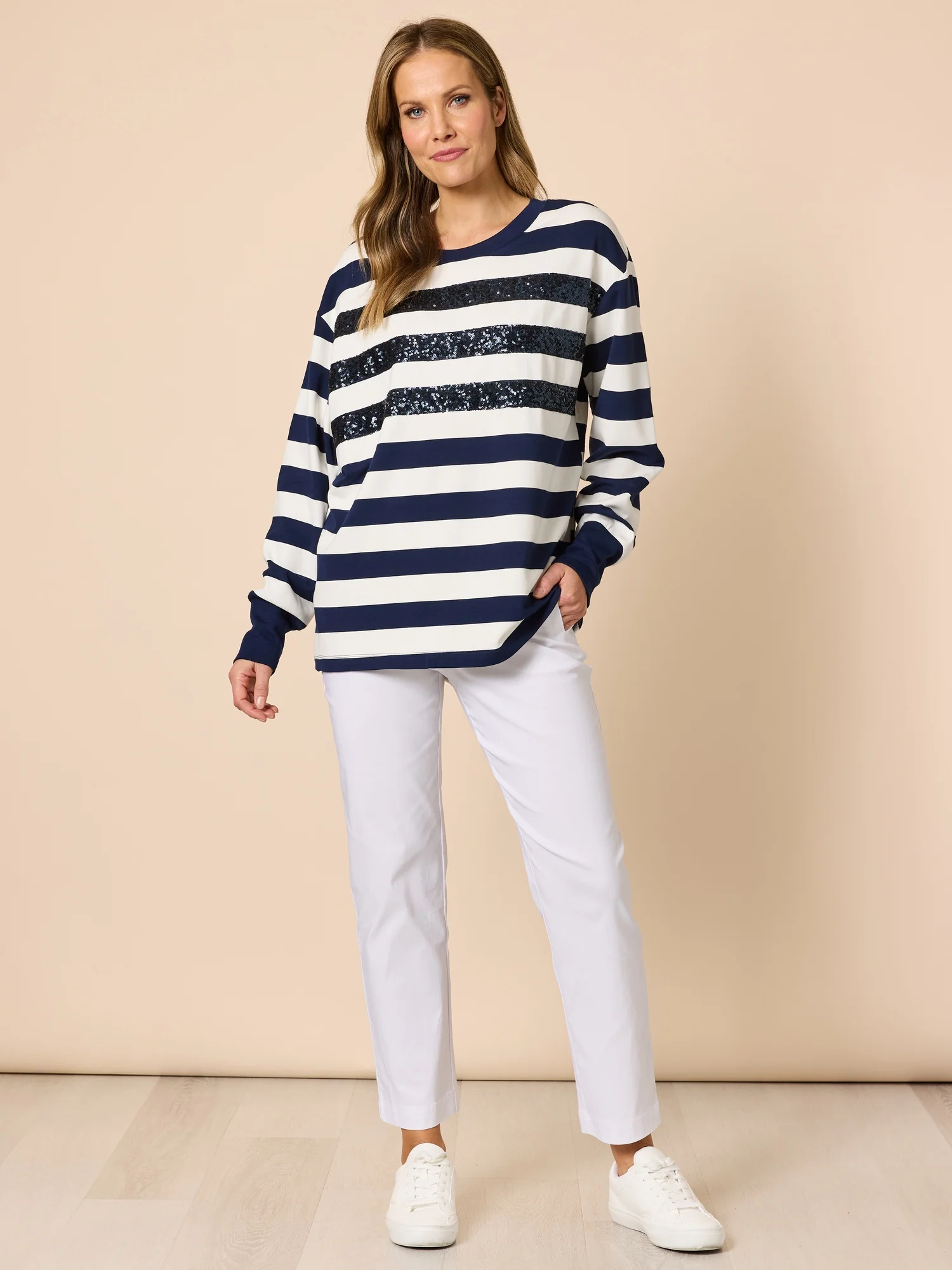 Riviera Sequin Stripe Print Sweatshirt - Navy/Ivory - Image 2