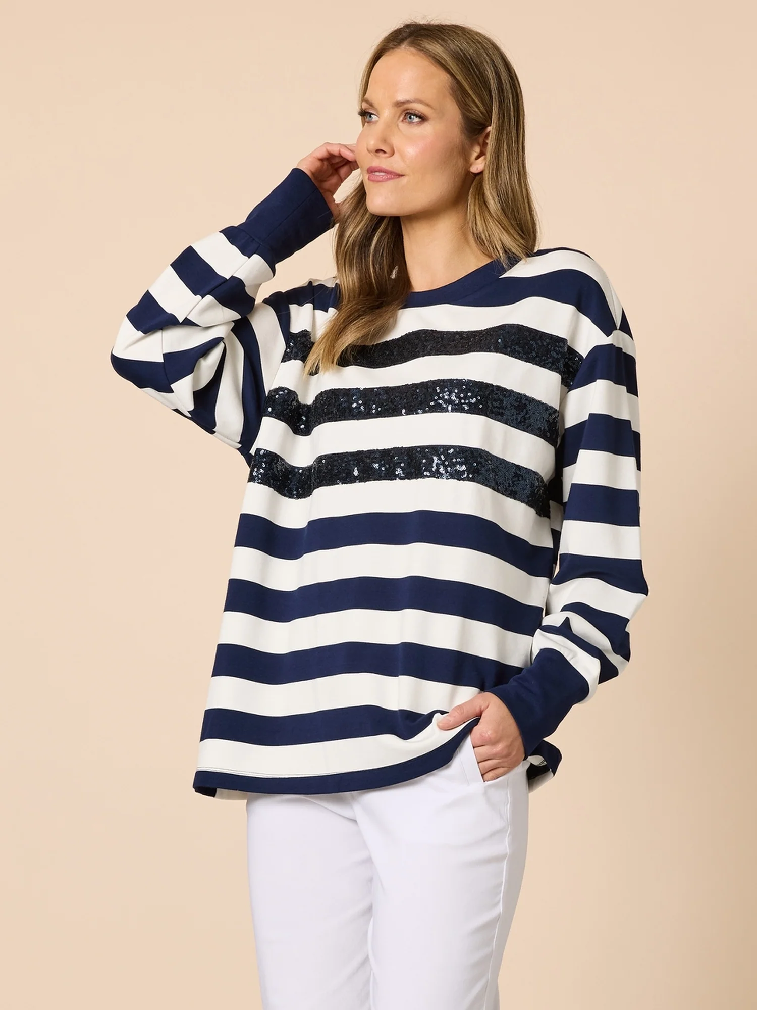 Riviera Sequin Stripe Print Sweatshirt - Navy/Ivory - Image 3
