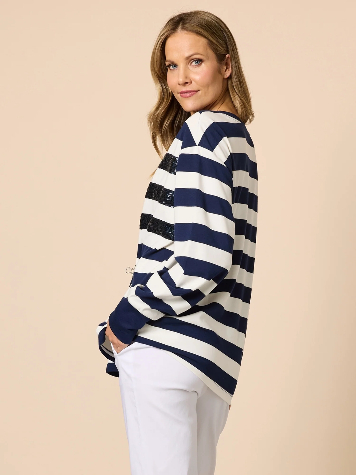 Riviera Sequin Stripe Print Sweatshirt - Navy/Ivory - Image 4