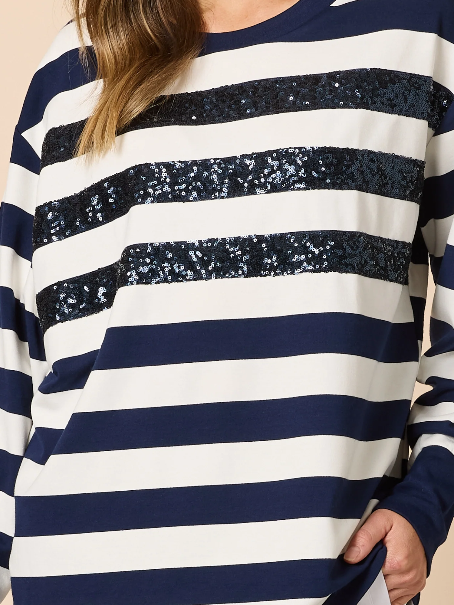 Riviera Sequin Stripe Print Sweatshirt - Navy/Ivory - Image 6