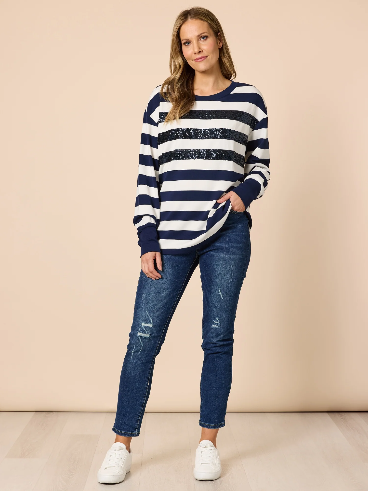 Riviera Sequin Stripe Print Sweatshirt - Navy/Ivory - Image 7