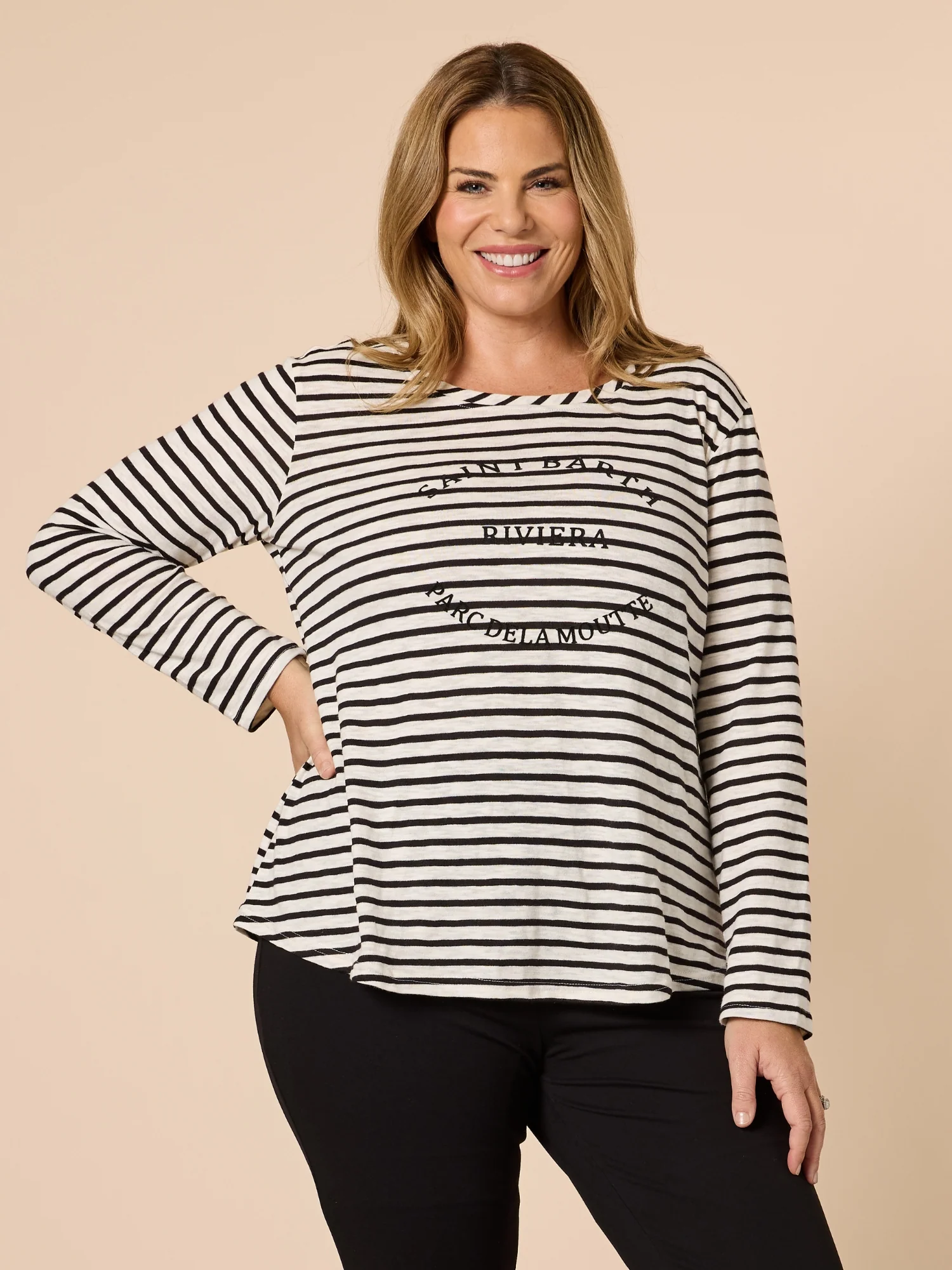 Riviera Long Sleeve Stripe Print Tee - Black/White - Image 7