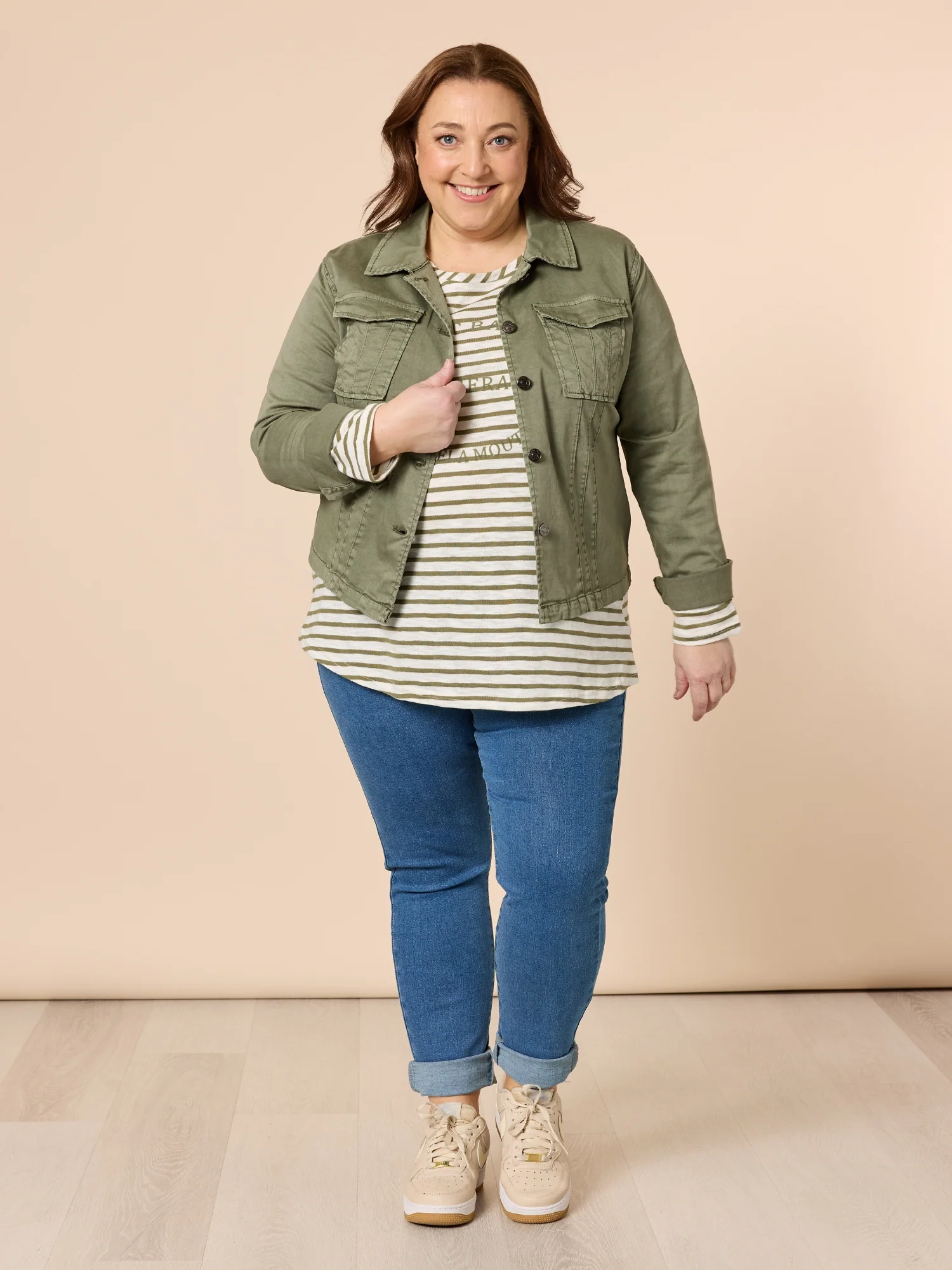Riviera Stripe Print Long Sleeve Tee - Khaki/White - Image 10