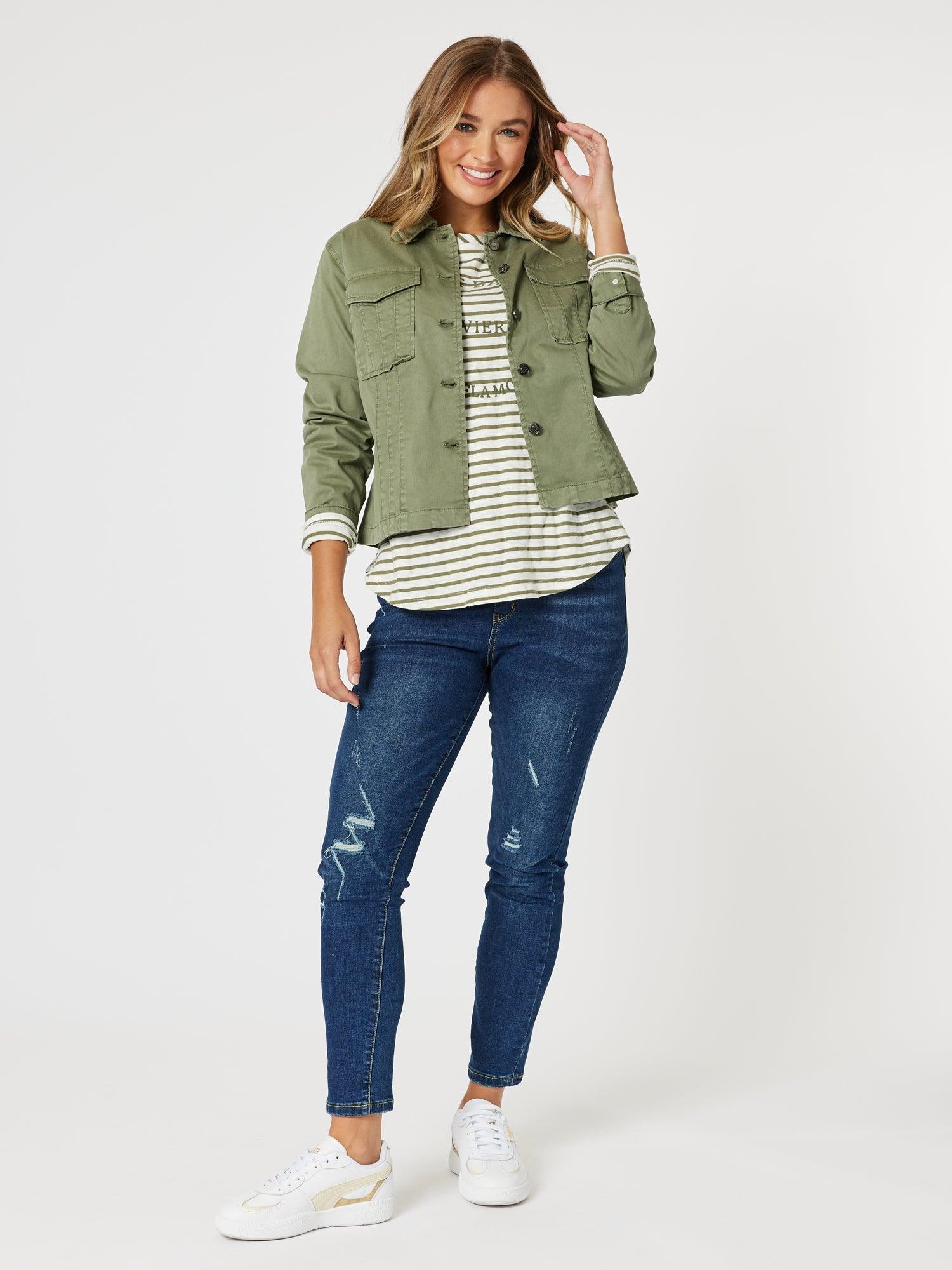 Riviera Stripe Print Long Sleeve Tee - Khaki/White - Image 11