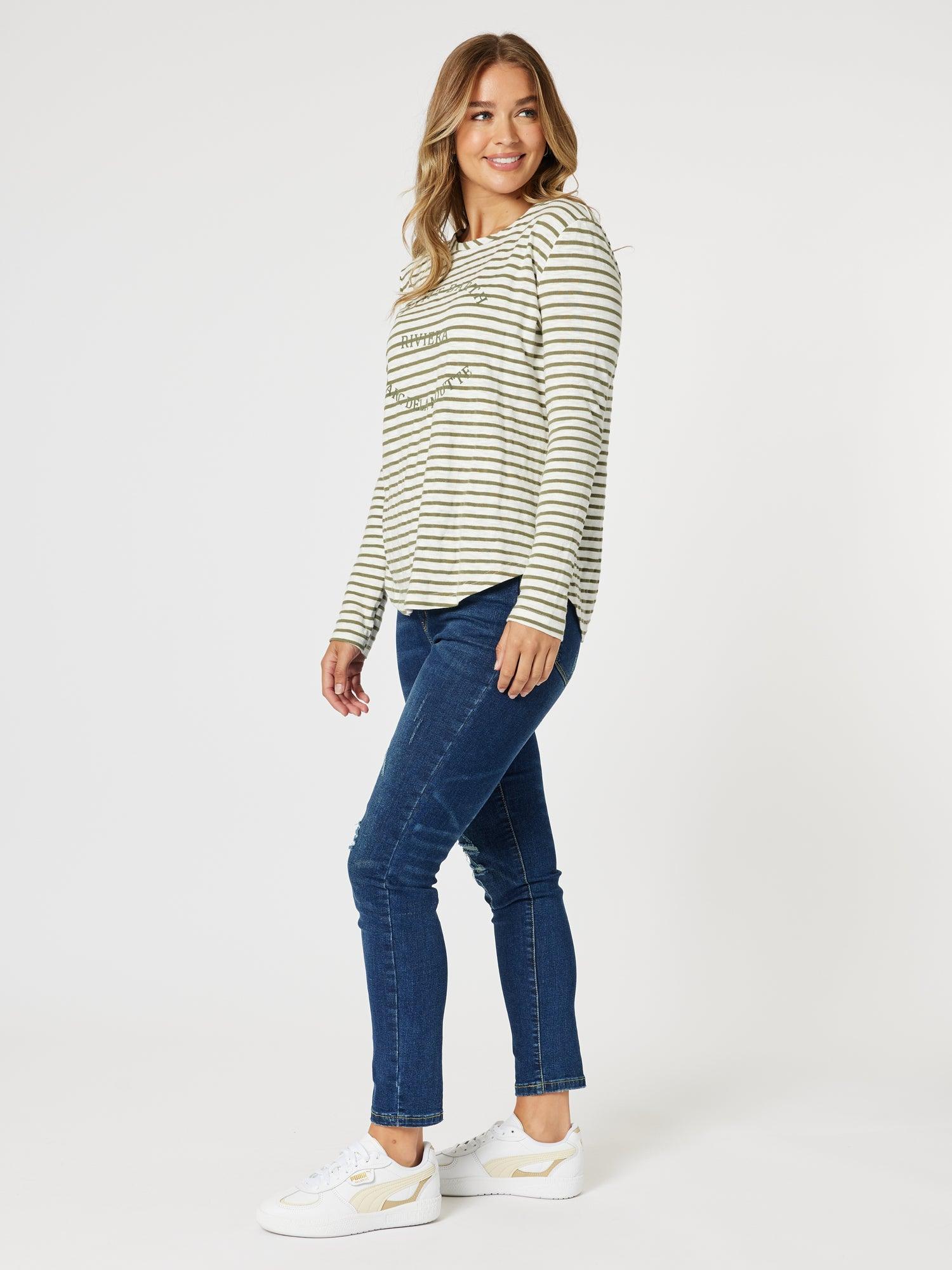 Riviera Stripe Print Long Sleeve Tee - Khaki/White - Image 3