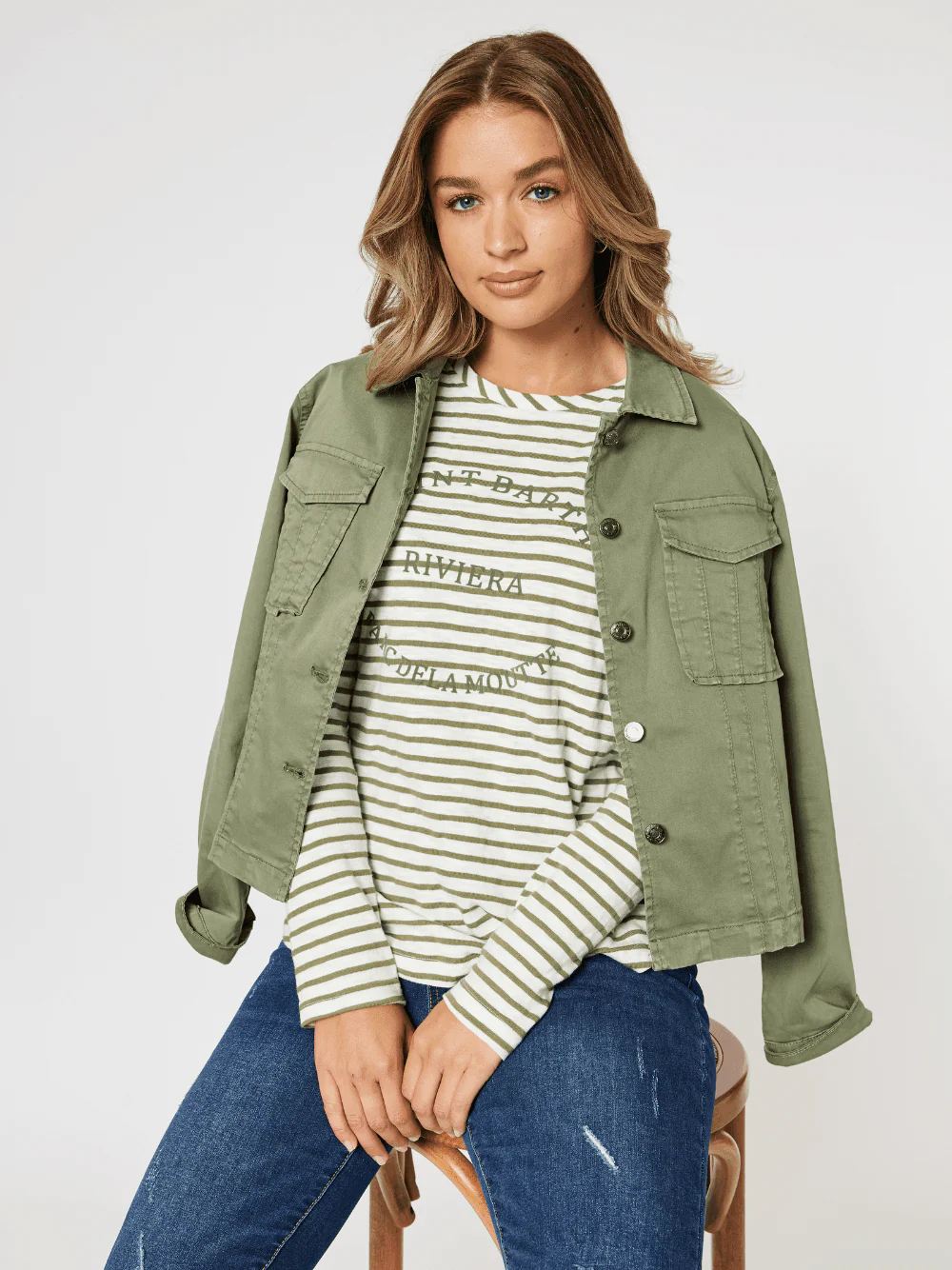 Riviera Stripe Print Long Sleeve Tee - Khaki/White - Image 7